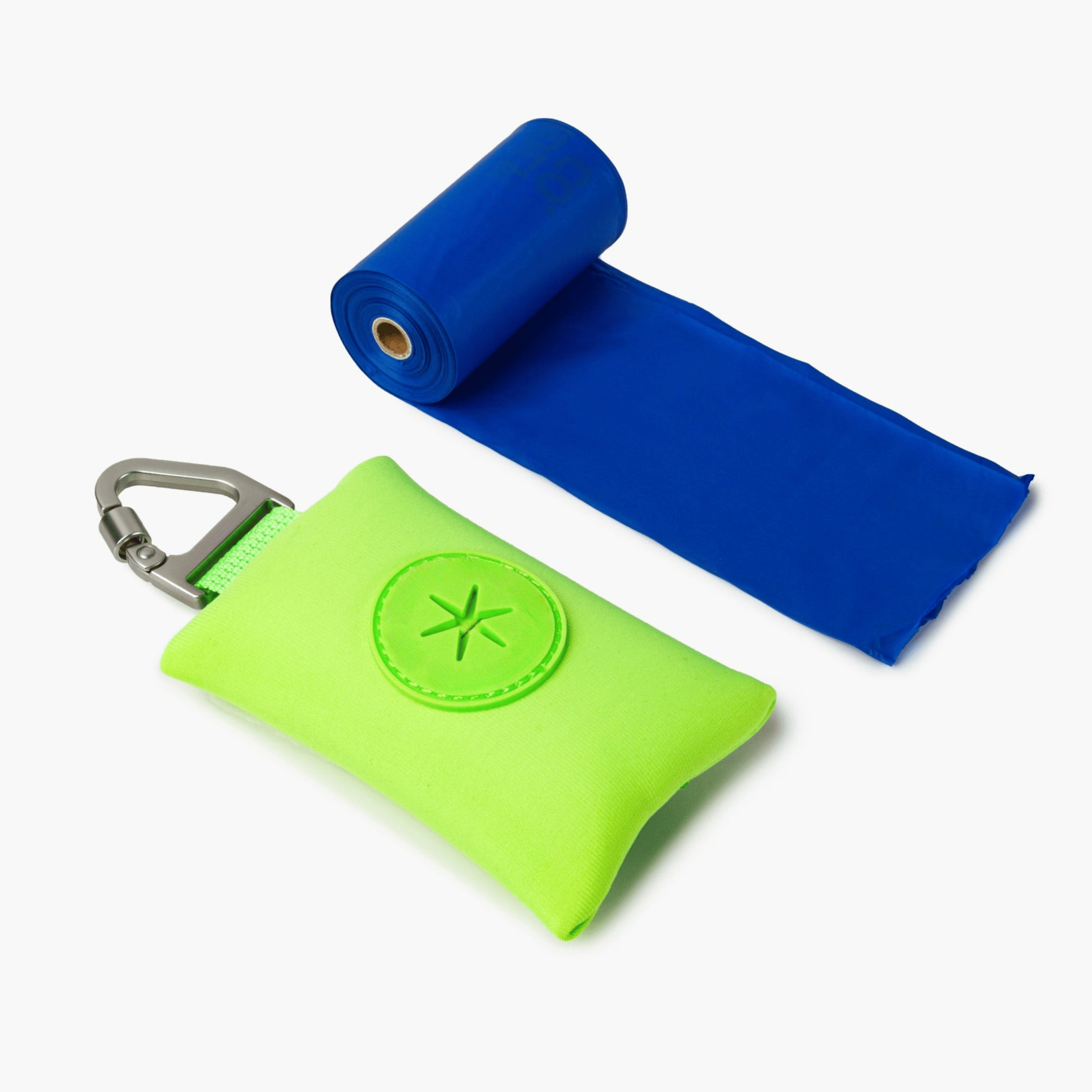 Compact neon Green dog poop bag holder with carabiner, ideal for clean and stress-free walks.
