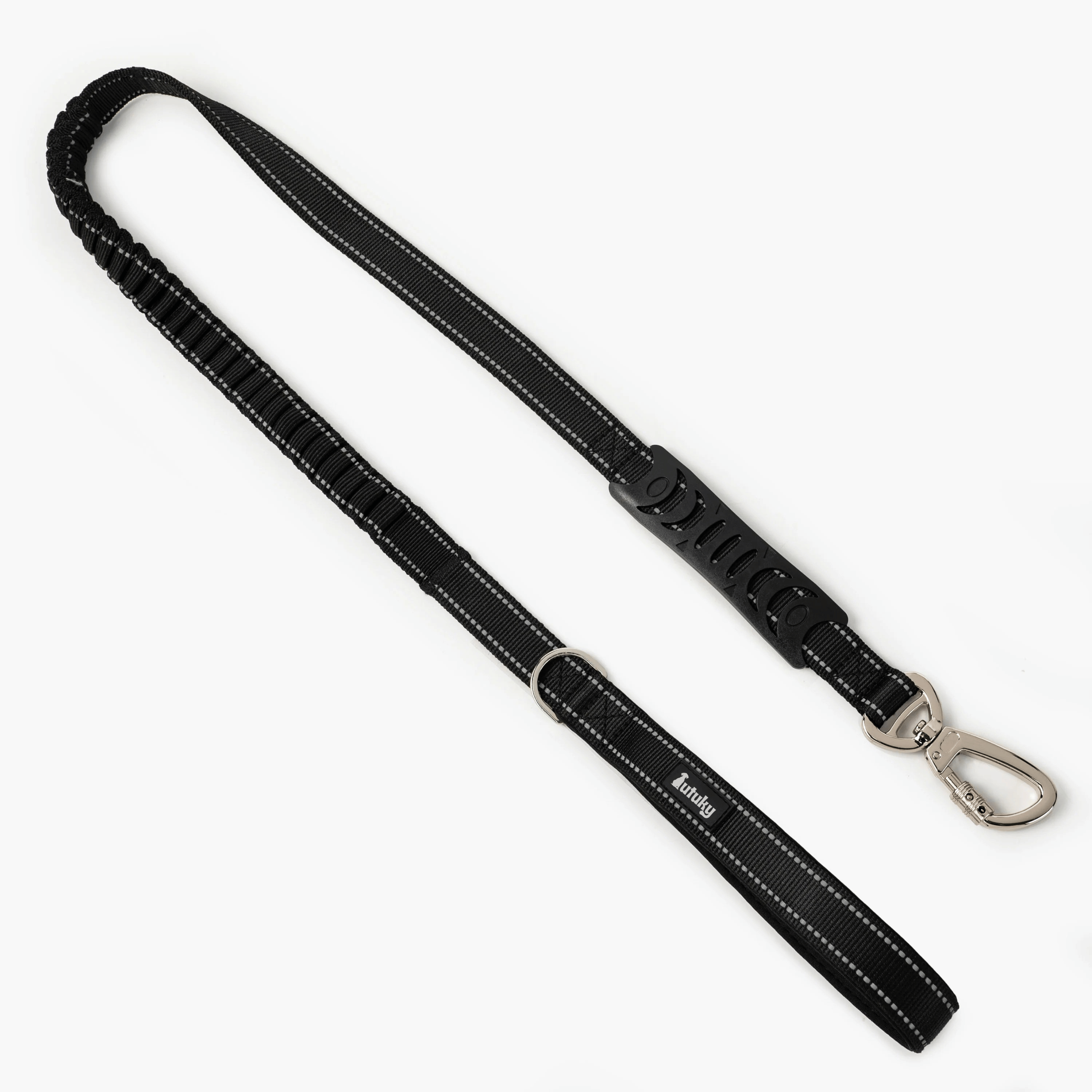 Black dog leash CalmFlow™ with metal clip on a white background