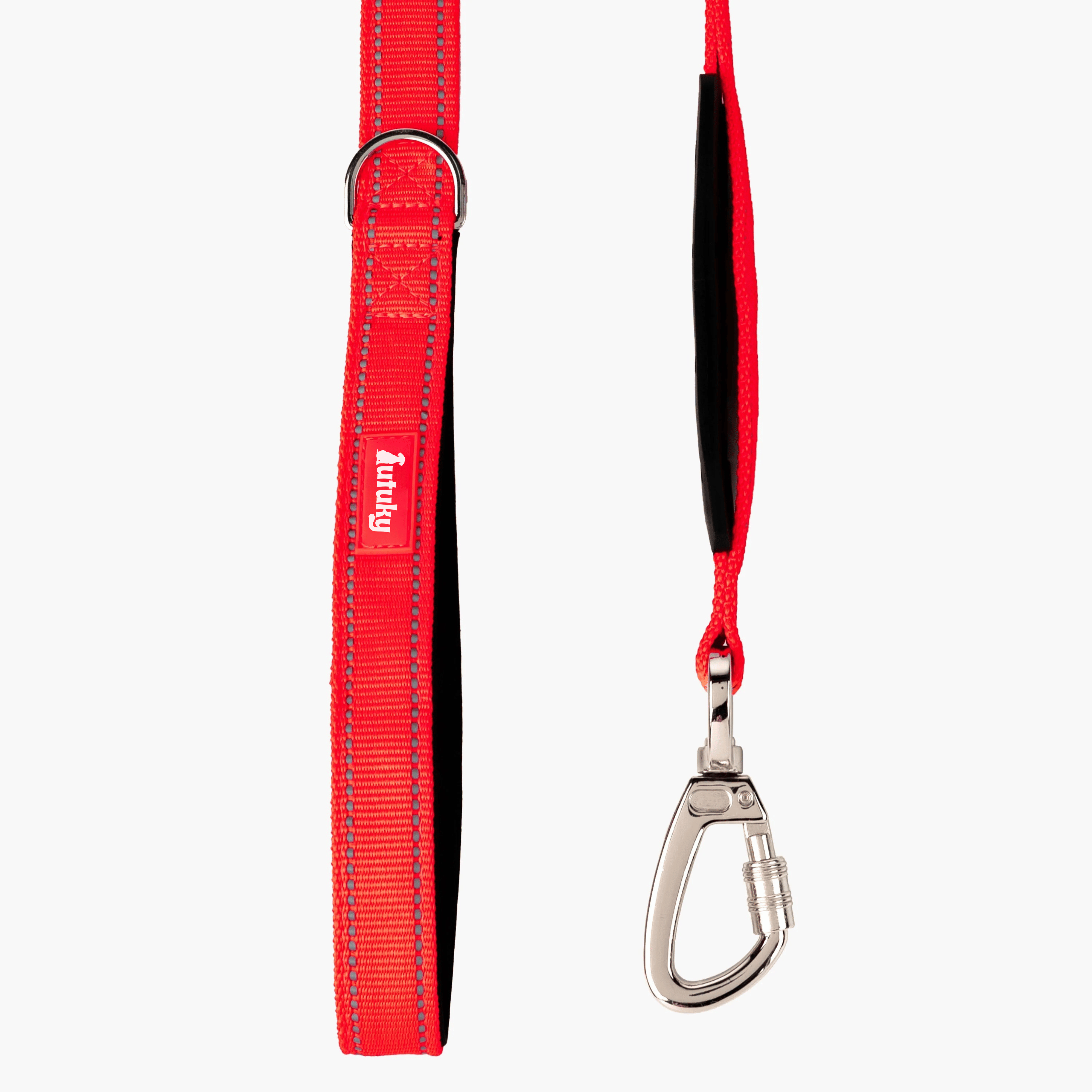 Red dog leash with a silver carabiner on a white background