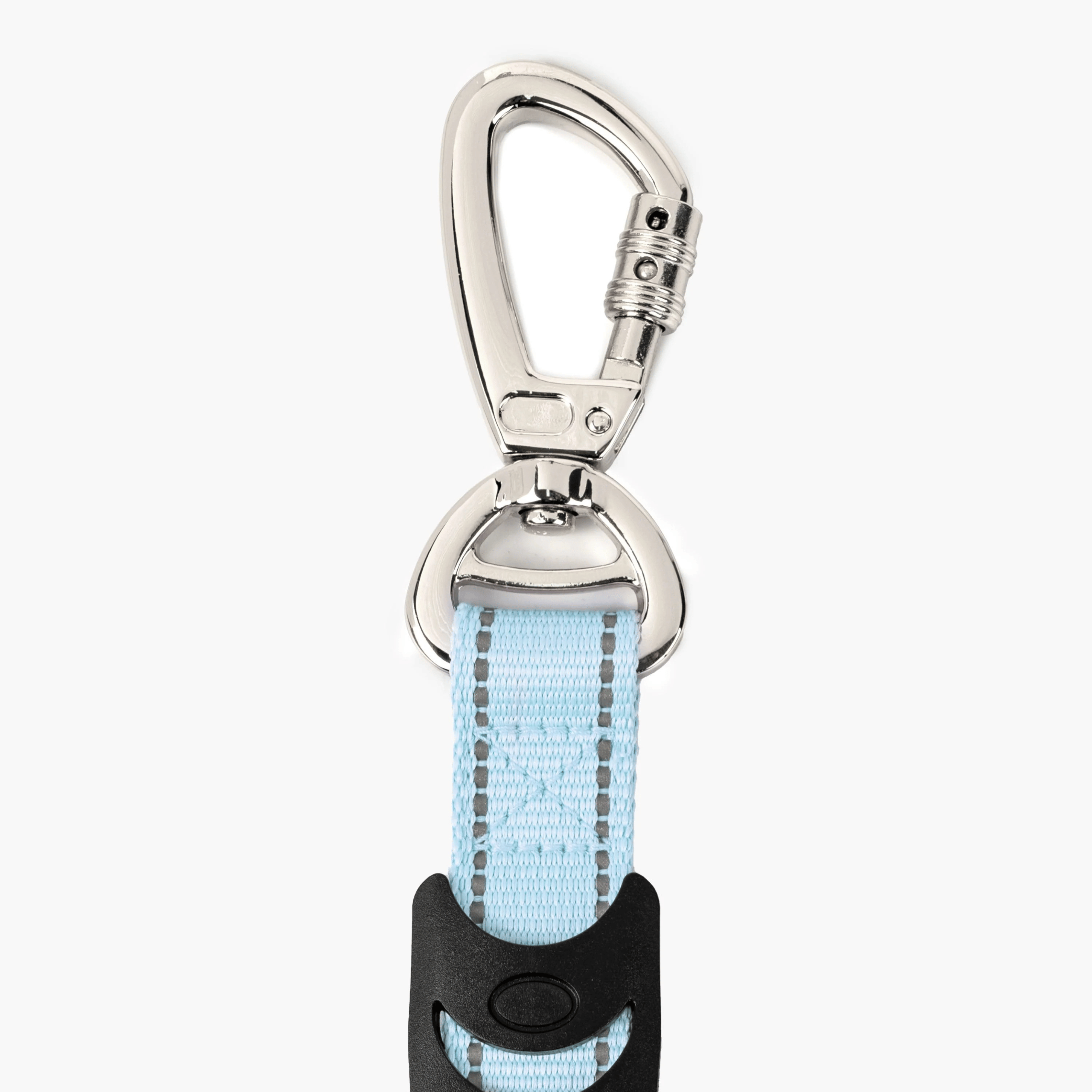 Keychain with light blue strap and silver carabiner on a white background