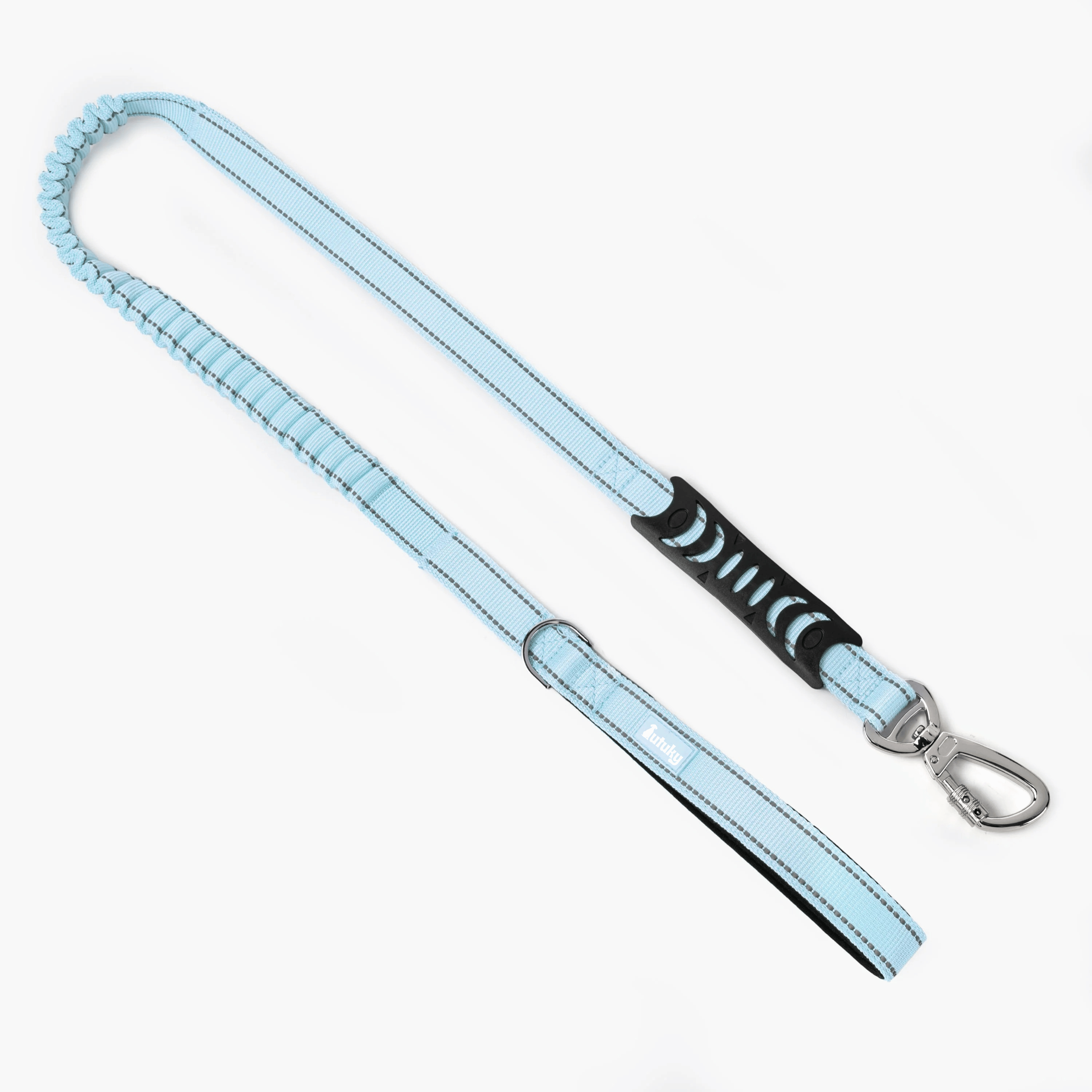 Light blue dog leash with a black and white handle on a white background