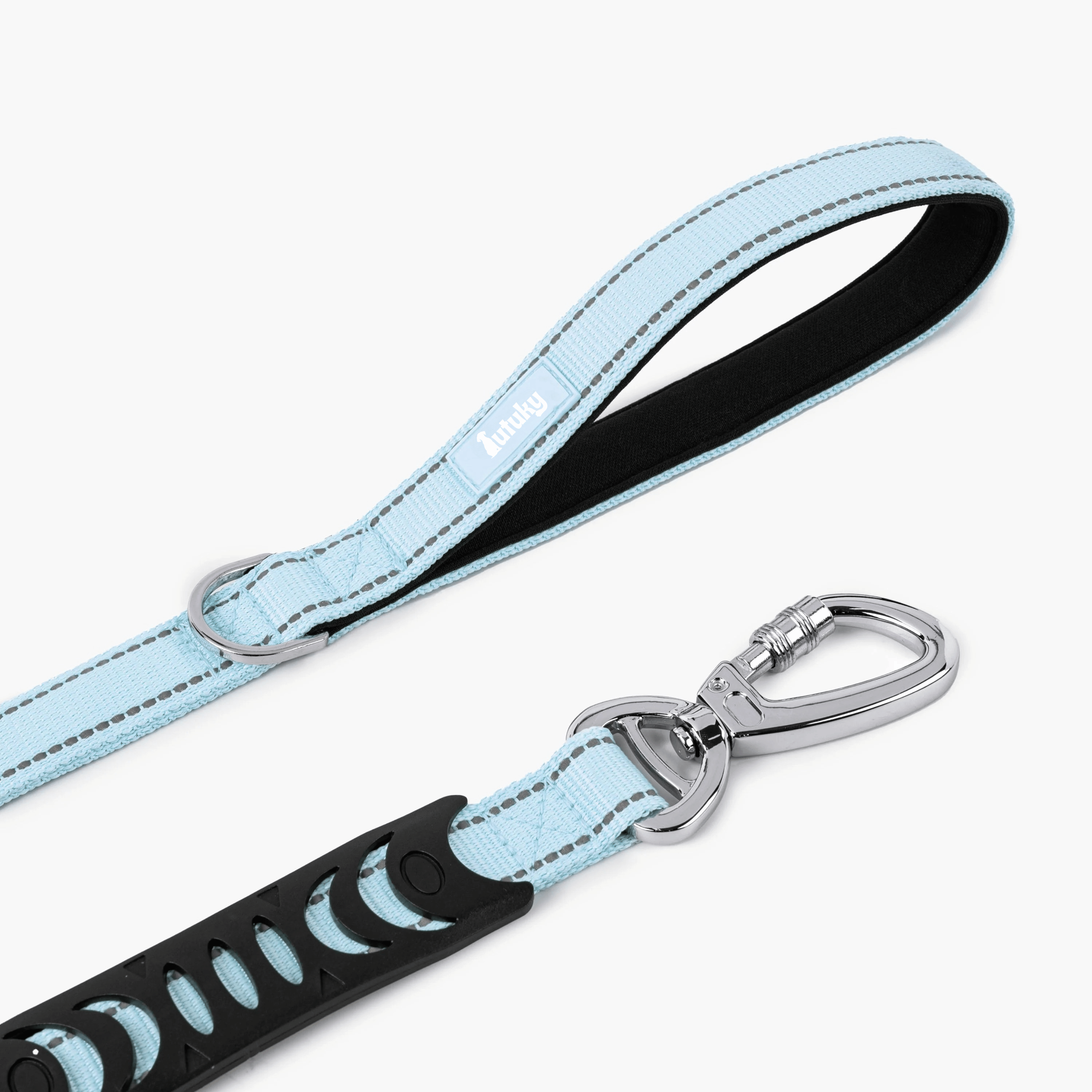Light blue dog leash with black accents and silver clip on a white background