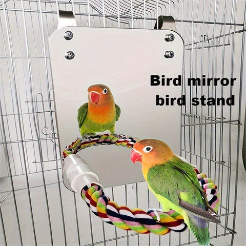 Bird Mirror Toy with Cotton Rope – Perfect Parrot Chewing Toy and Cage Accessory - Tutuky