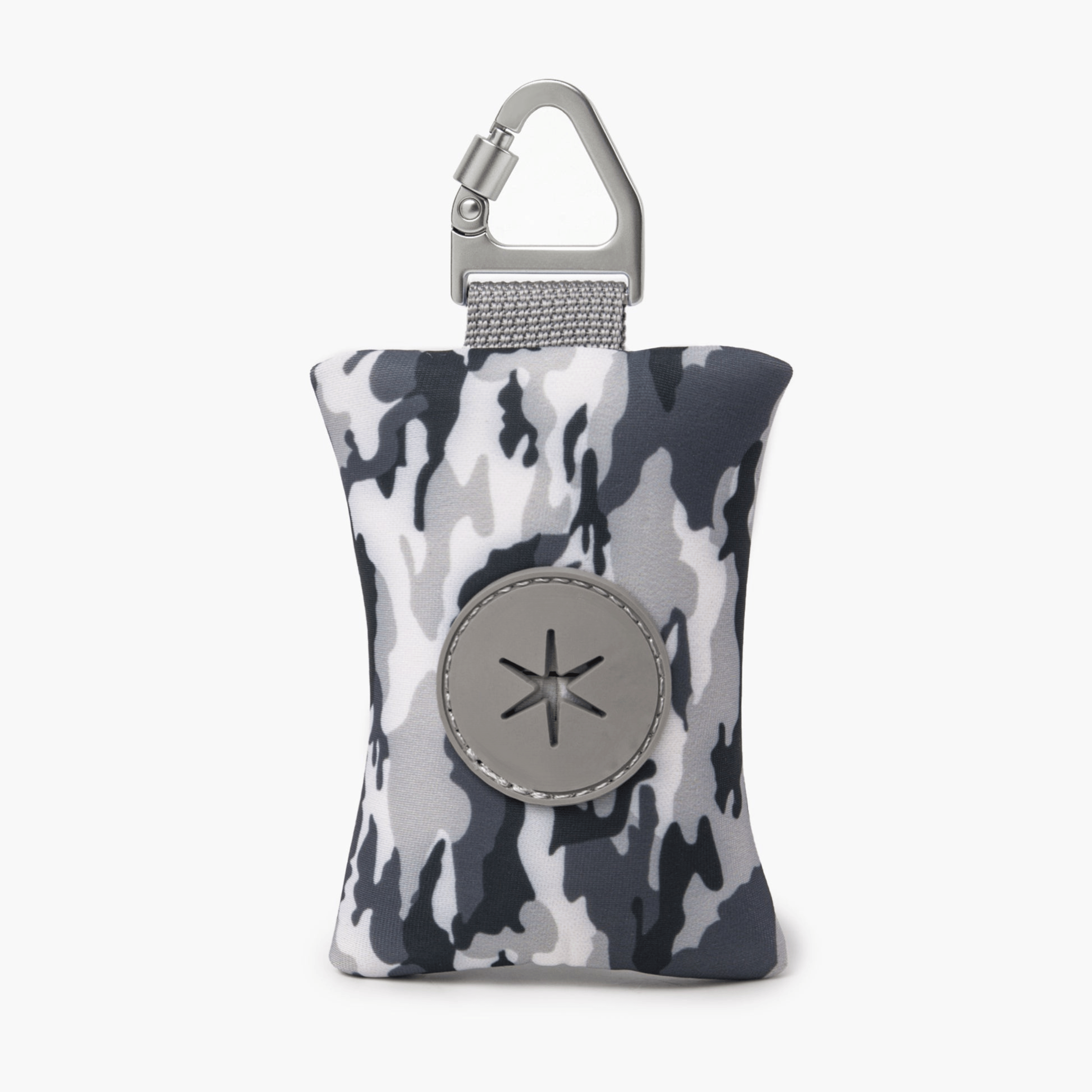 Compact dog poop bag (Gray Camo) holder with carabiner, ideal for clean and stress-free walks.