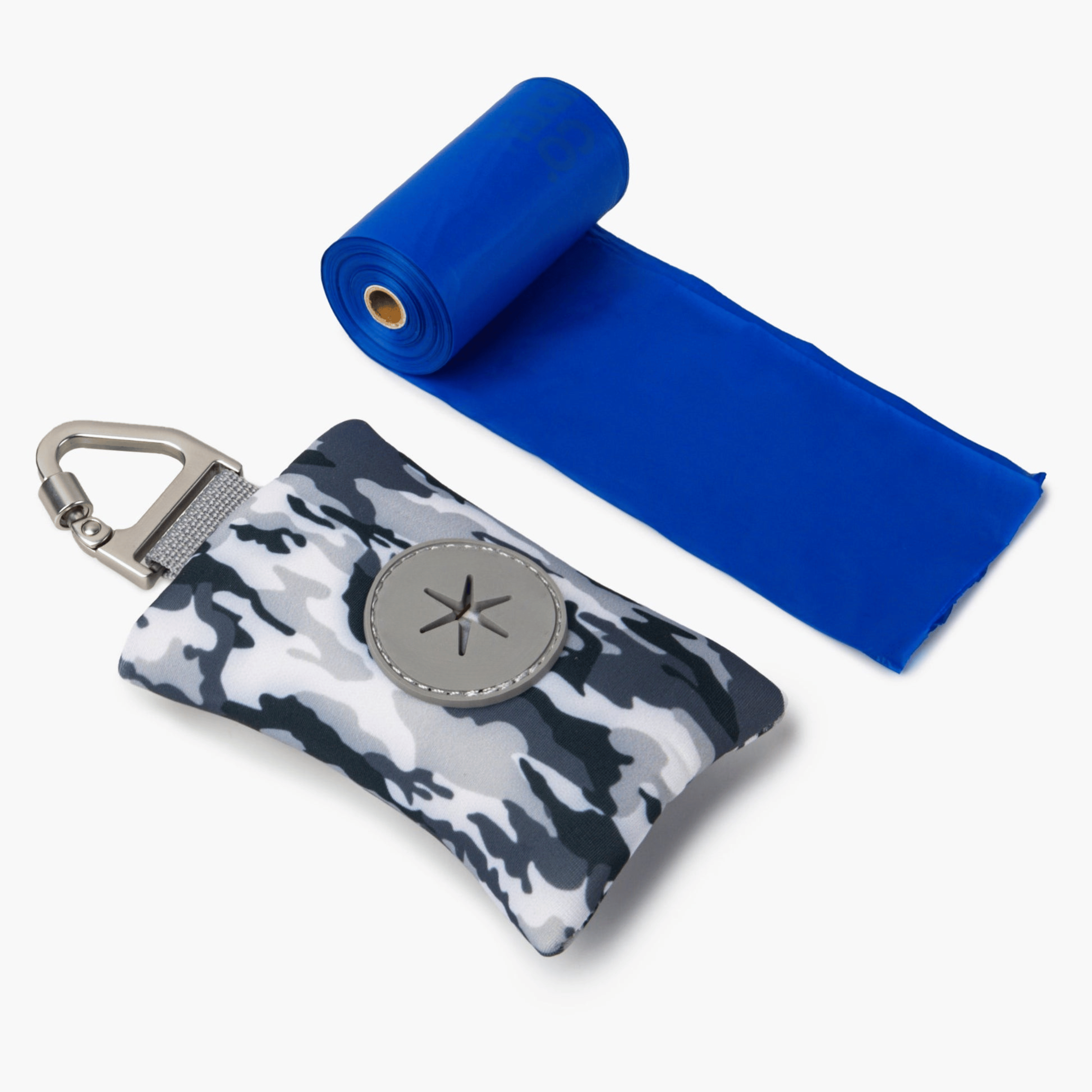 Compact dog poop bag (Gray Camo) holder with carabiner, ideal for clean and stress-free walks.