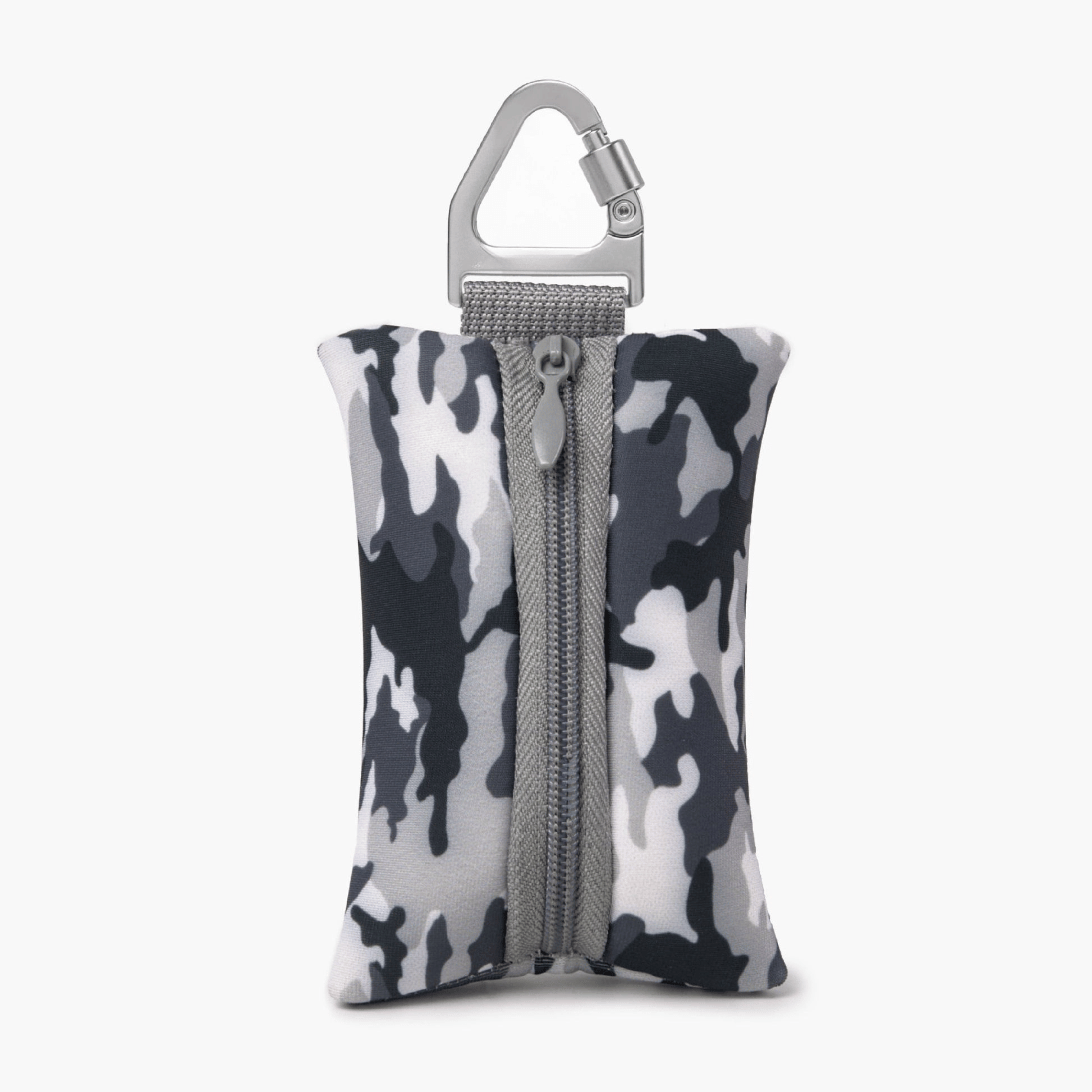 Compact dog poop bag (Gray Camo) holder with carabiner, ideal for clean and stress-free walks.