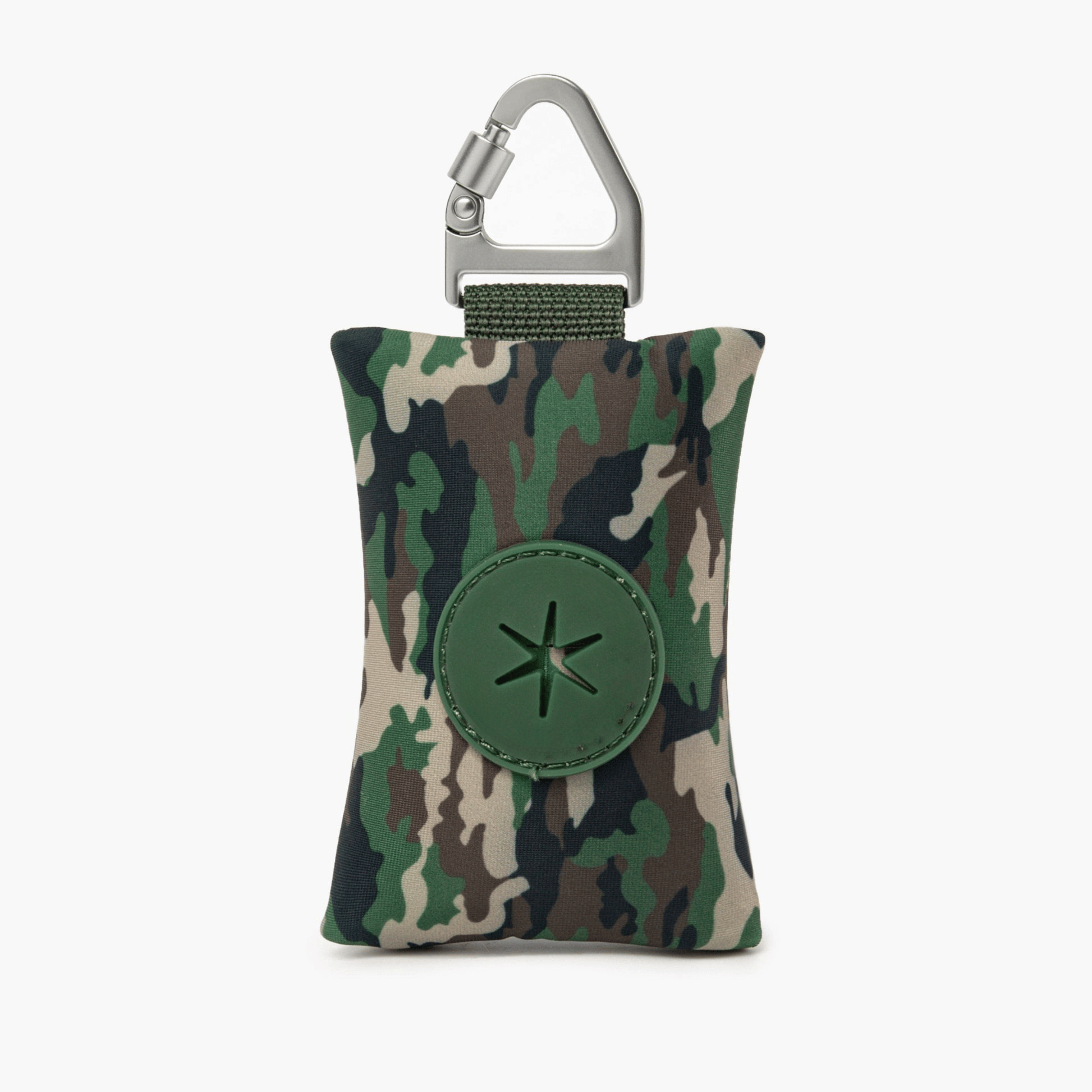 Compact dog poop bag (Gray Camo) holder with carabiner, ideal for clean and stress-free walks.