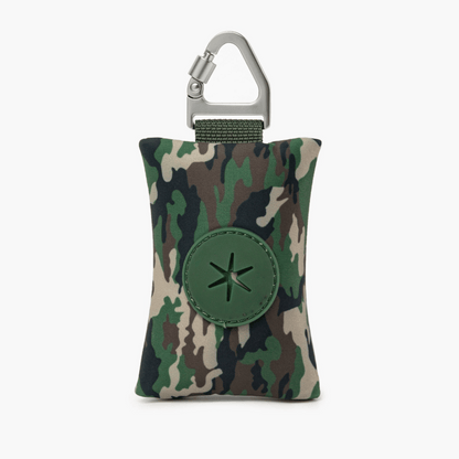 Compact dog poop bag (Gray Camo) holder with carabiner, ideal for clean and stress-free walks.