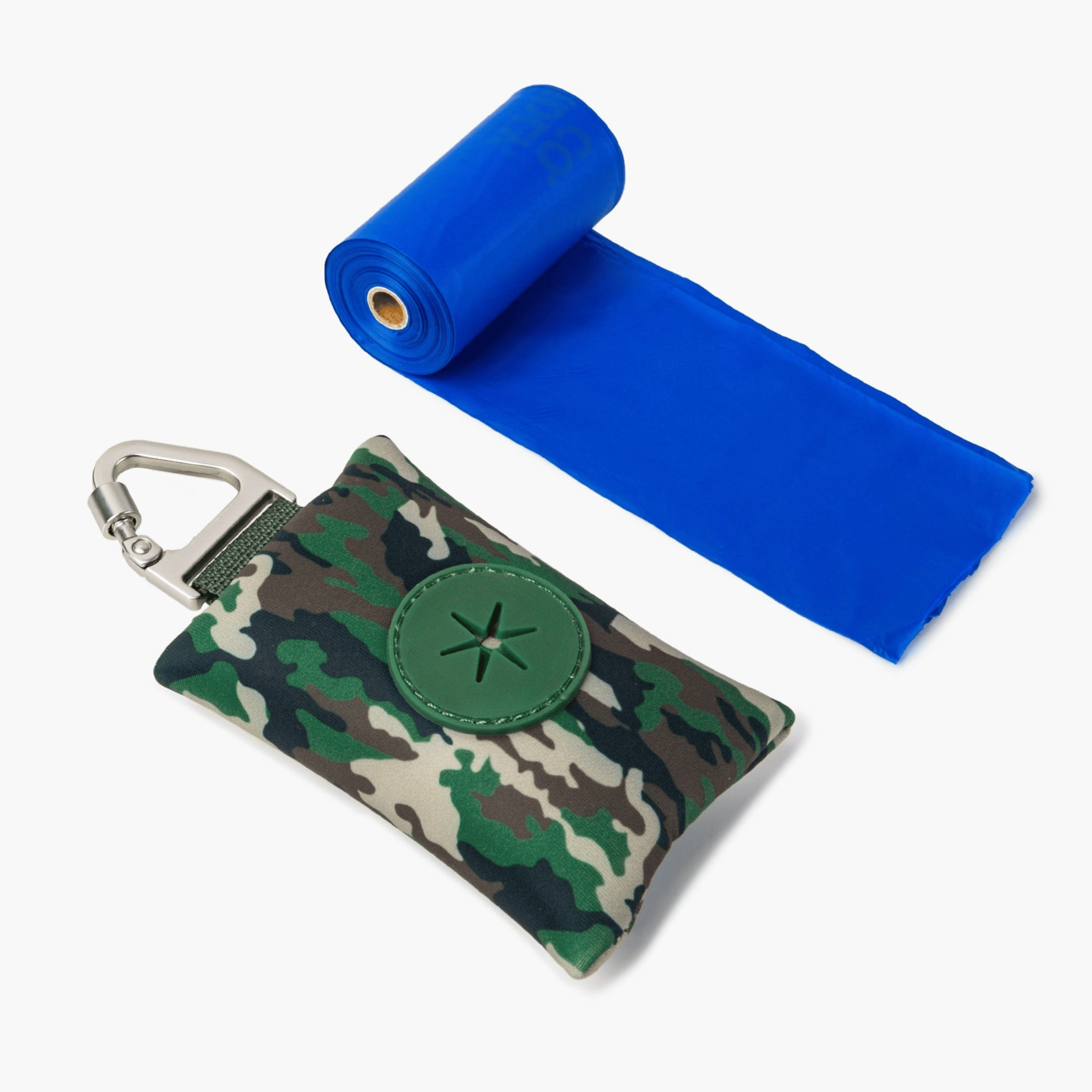 Compact dog poop bag (Green Camo) holder with carabiner, ideal for clean and stress-free walks.