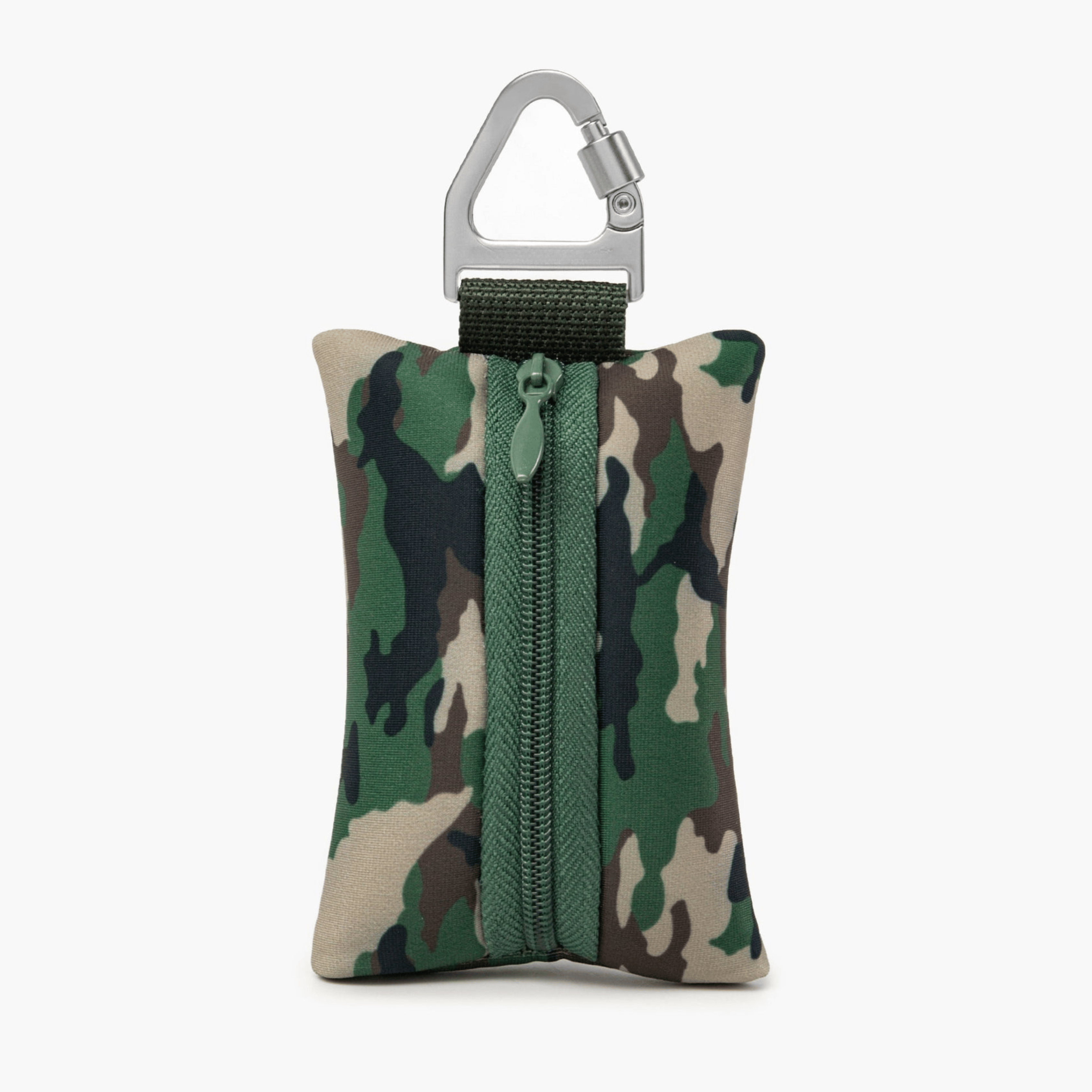 Compact dog poop bag (Green Camo) holder with carabiner, ideal for clean and stress-free walks.