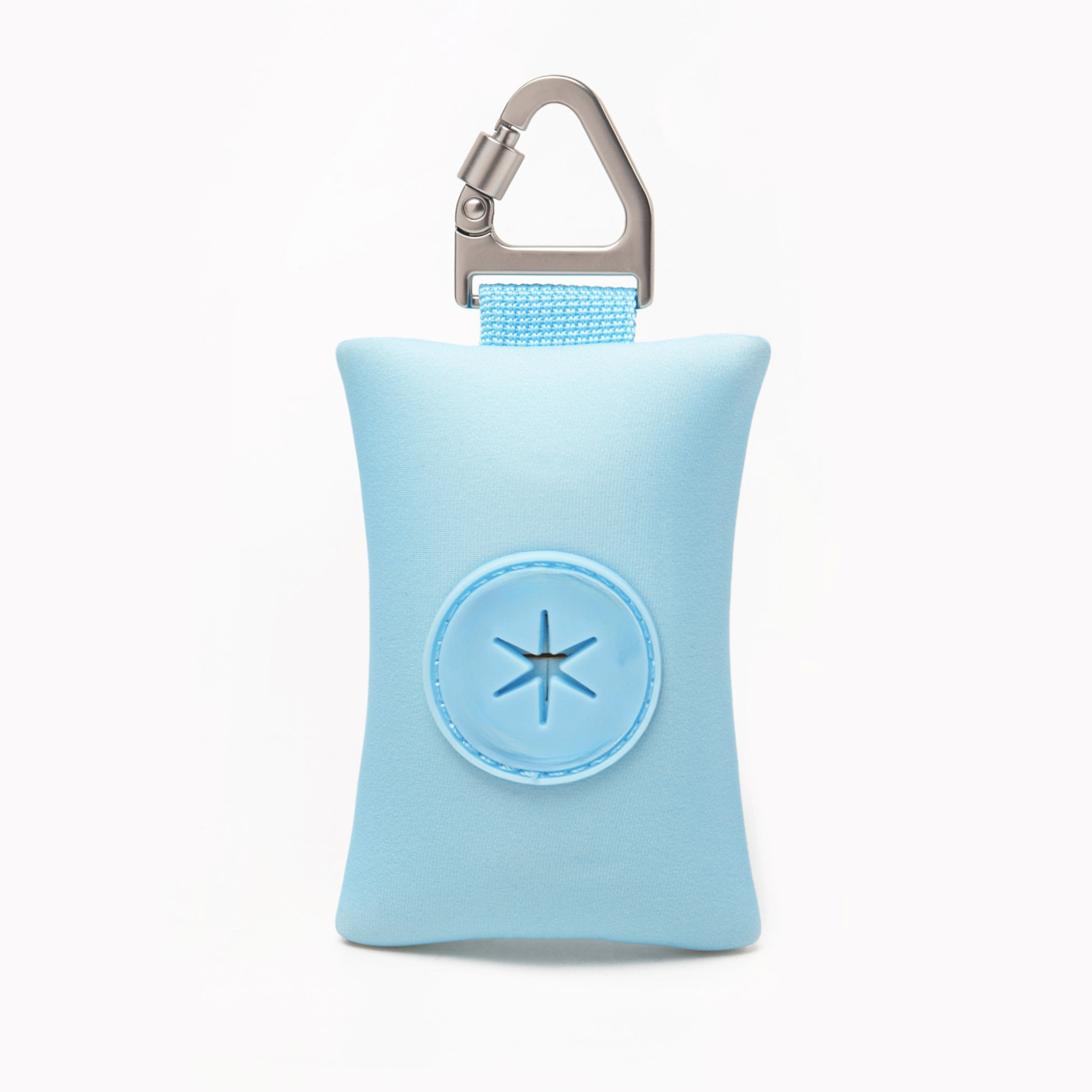 Compact dog poop bag (Sky Blue) holder with carabiner, ideal for clean and stress-free walks.
