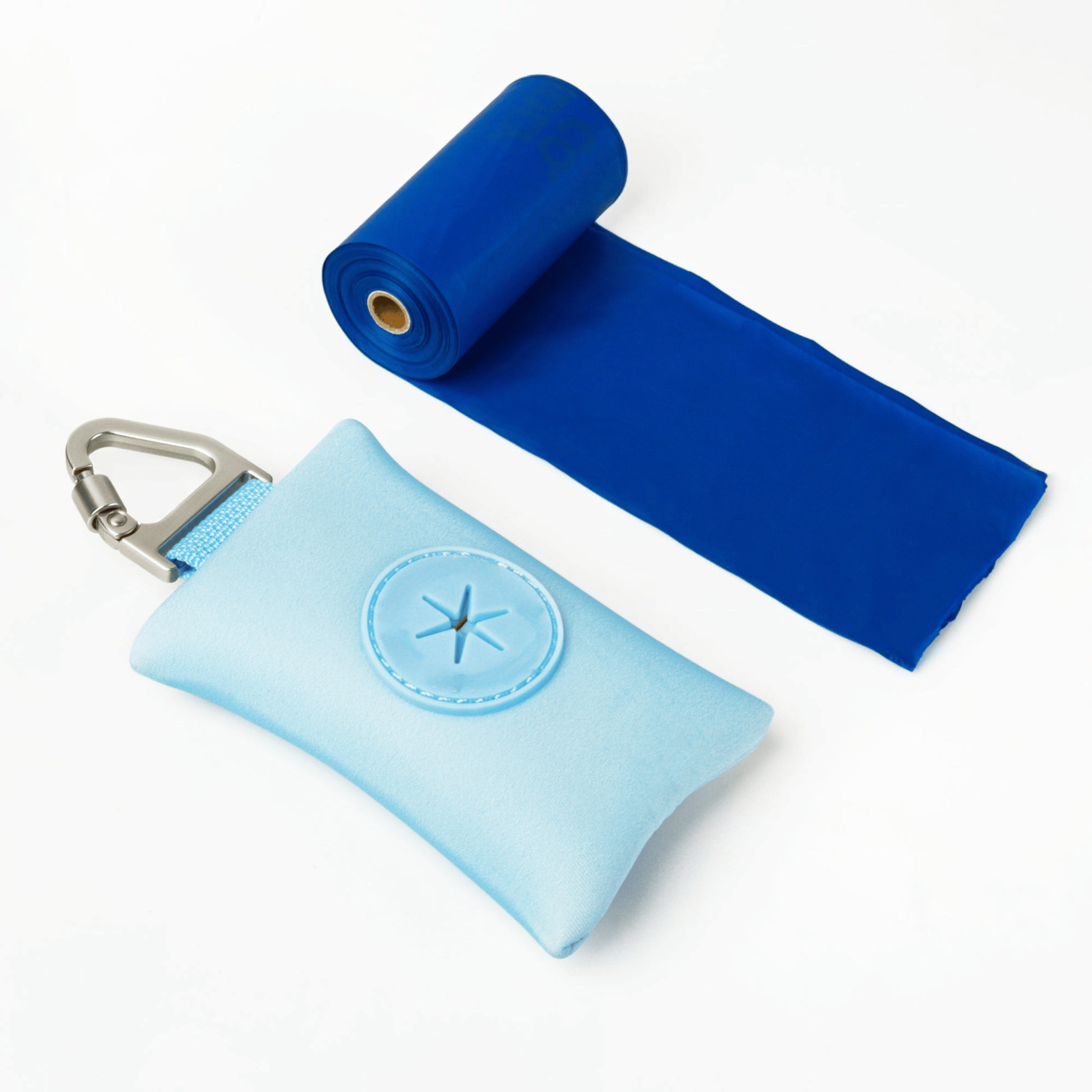 Compact dog poop bag (Sky Blue) holder with carabiner, ideal for clean and stress-free walks.