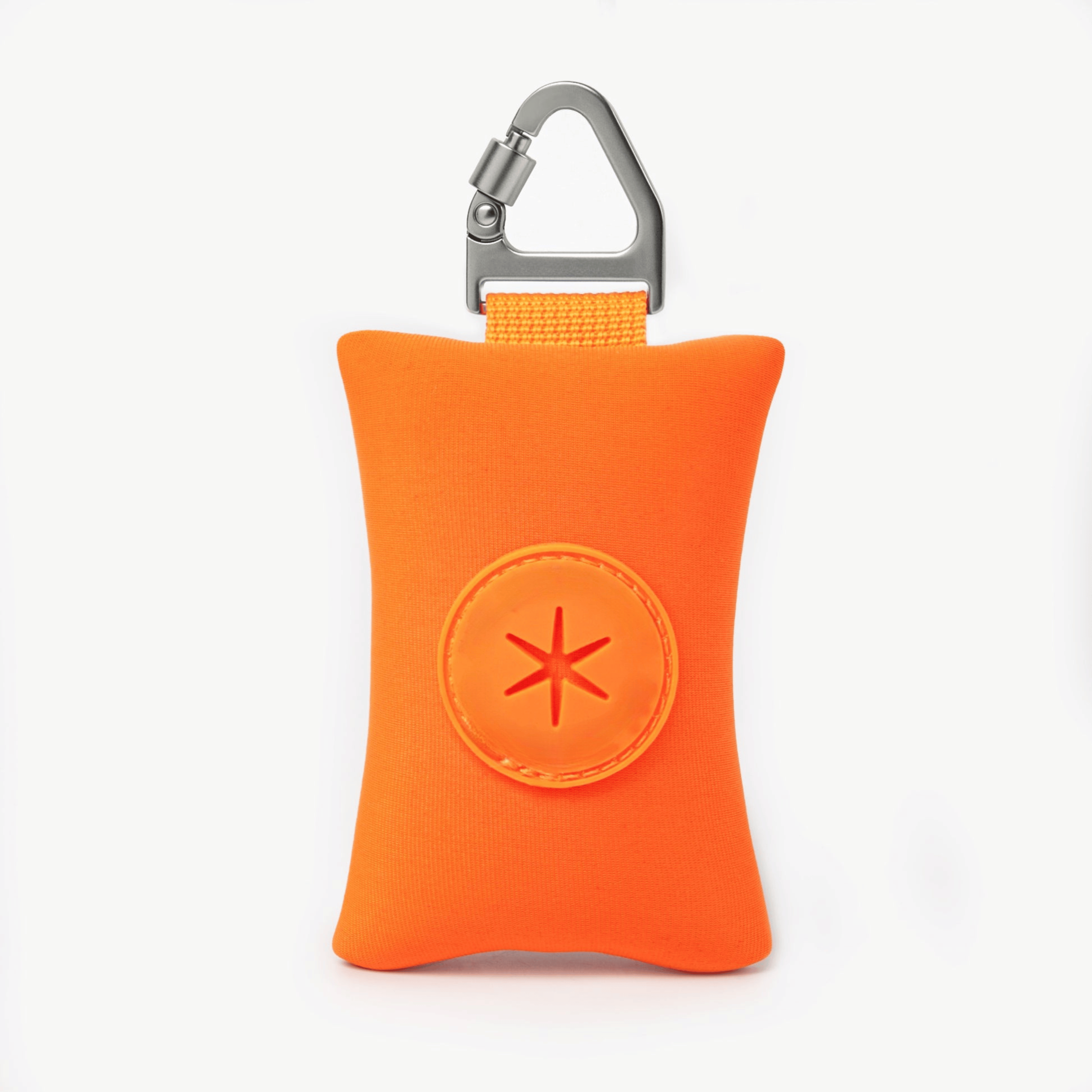 Compact orange dog poop bag holder with carabiner, ideal for clean and stress-free walks.
