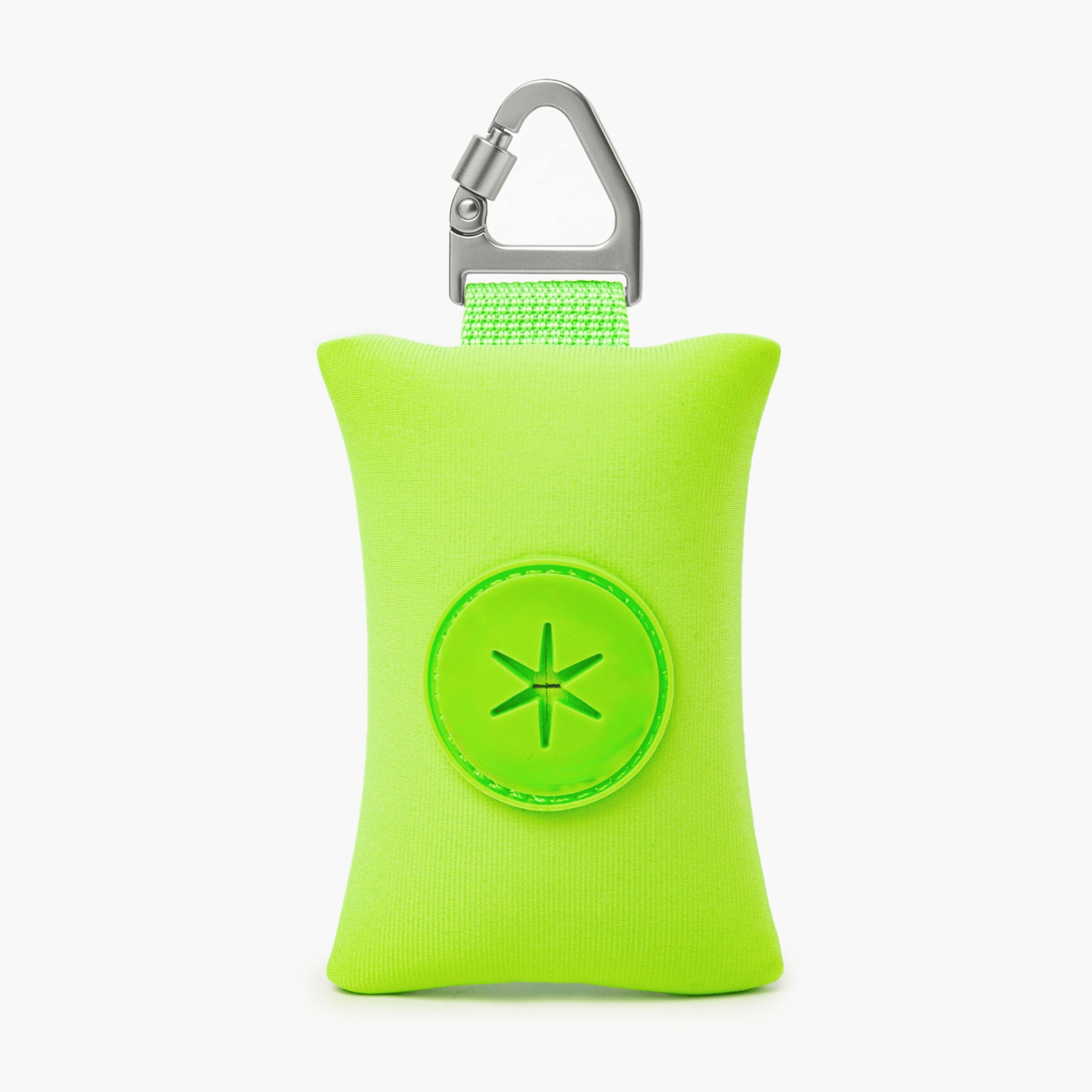 Compact neon Green dog poop bag holder with carabiner, ideal for clean and stress-free walks.
