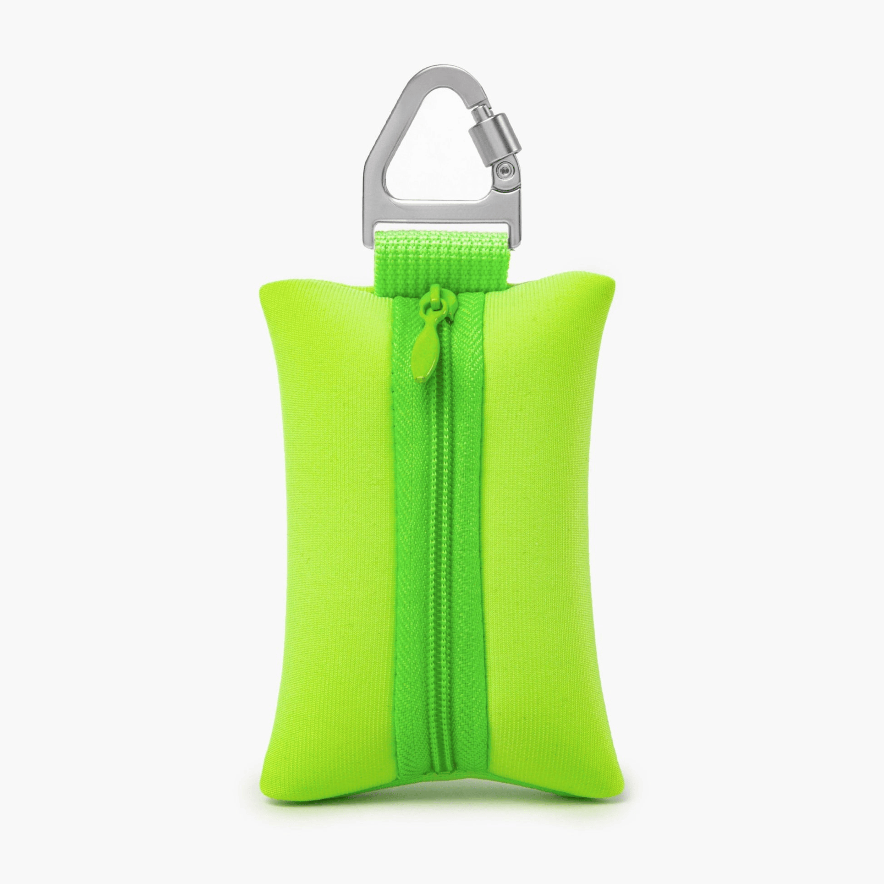 Compact neon Green dog poop bag holder with carabiner, ideal for clean and stress-free walks.
