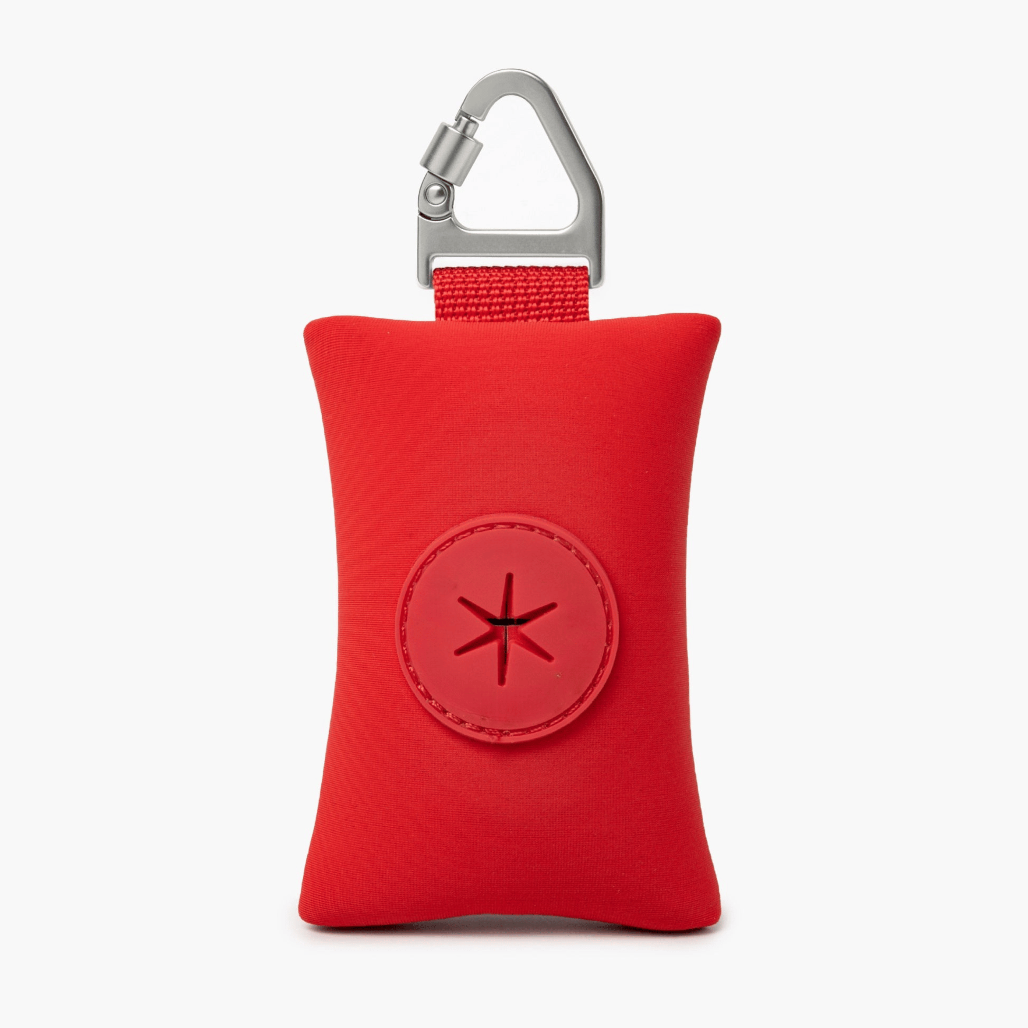 Compact red dog poop bag holder with carabiner, ideal for clean and stress-free walks.
