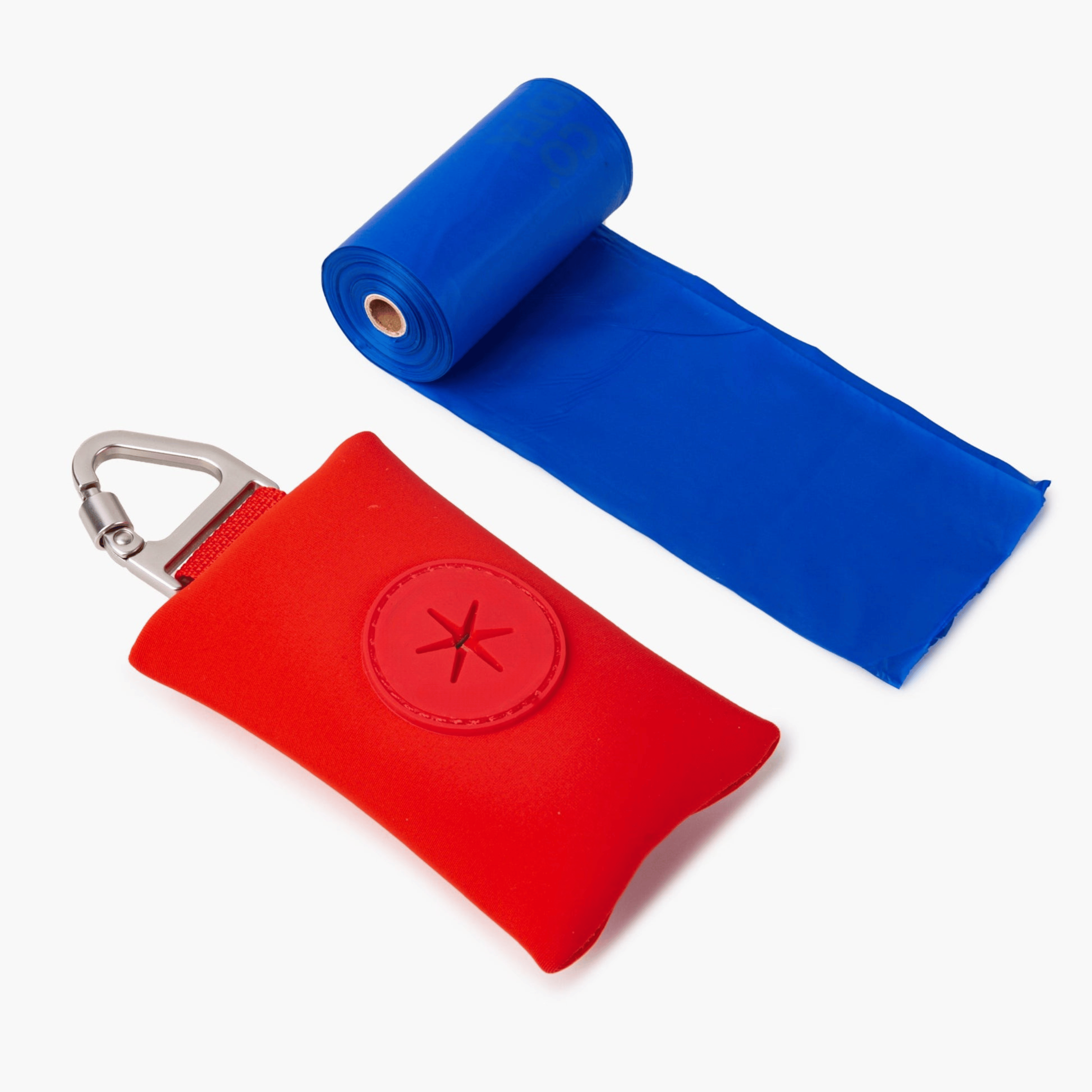 Compact red dog poop bag holder with carabiner, ideal for clean and stress-free walks.
