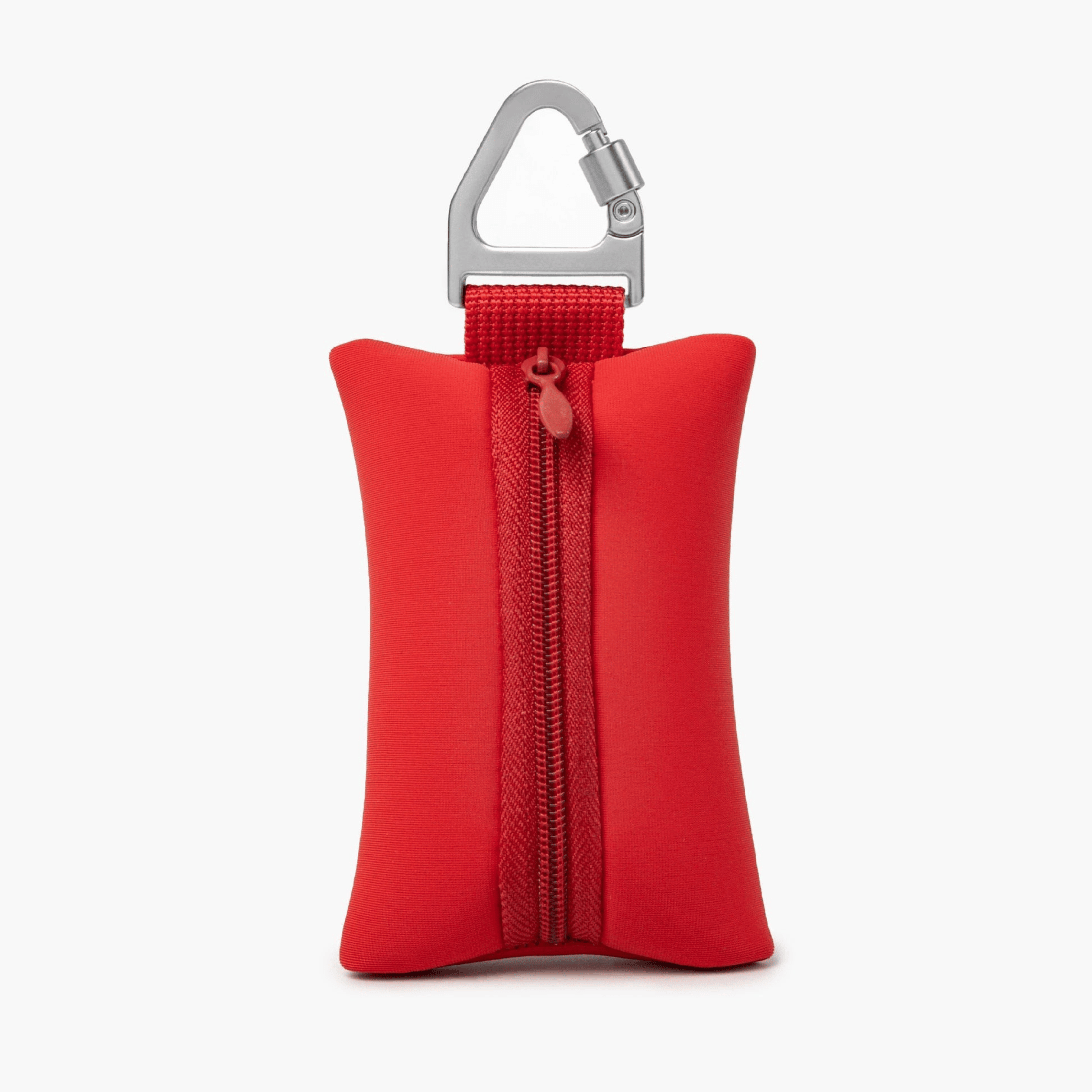 Compact red dog poop bag holder with carabiner, ideal for clean and stress-free walks.
