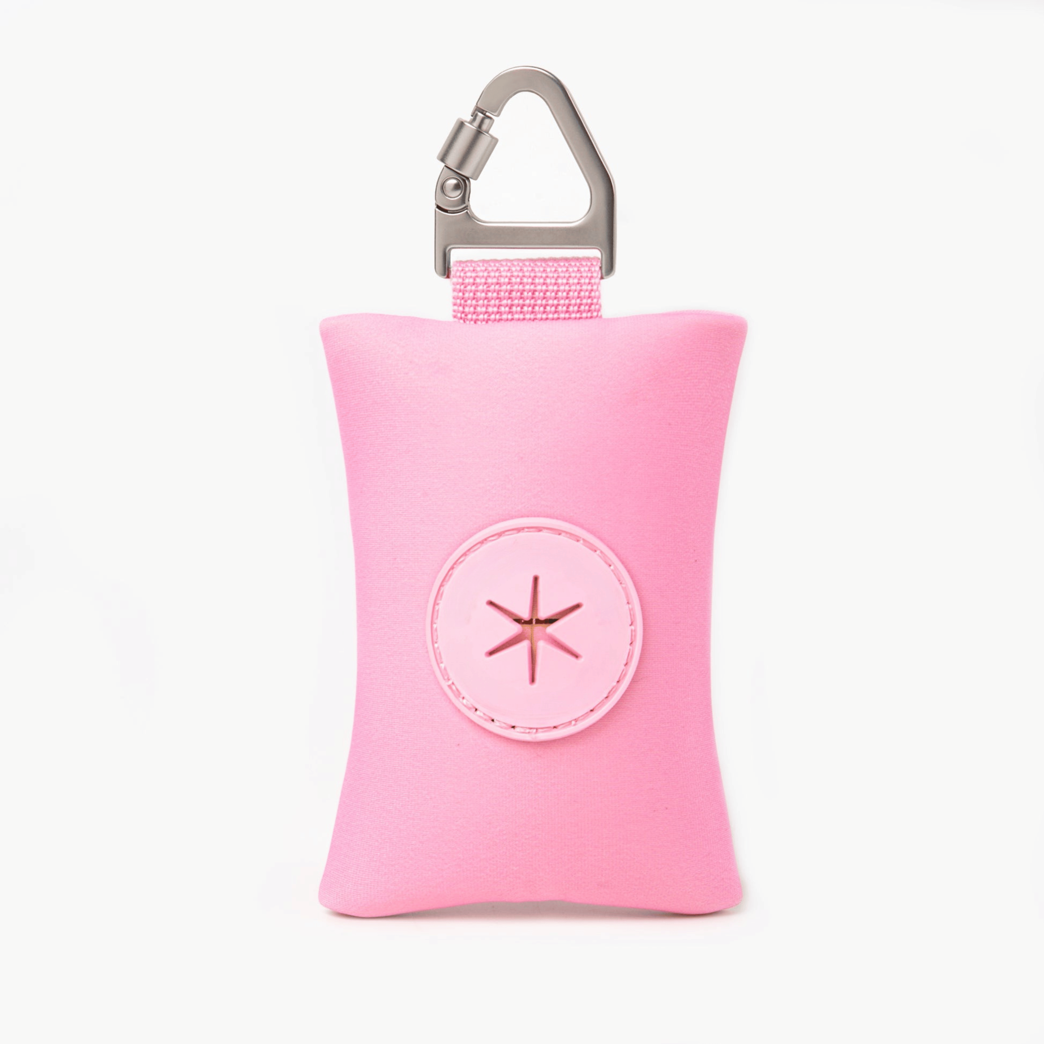 Compact Pink dog poop bag holder with carabiner, ideal for clean and stress-free walks.