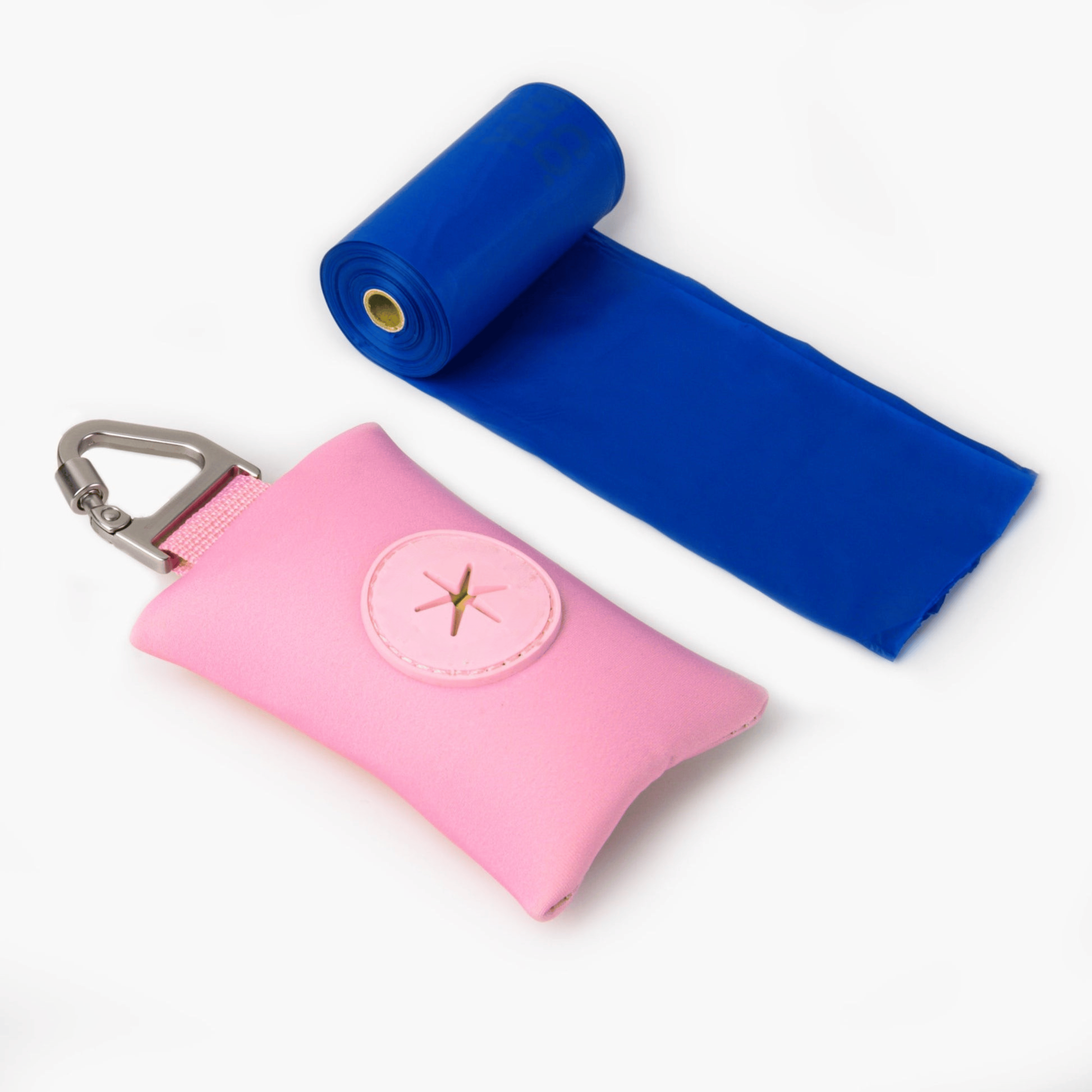 Compact Pink dog poop bag holder with carabiner, ideal for clean and stress-free walks.