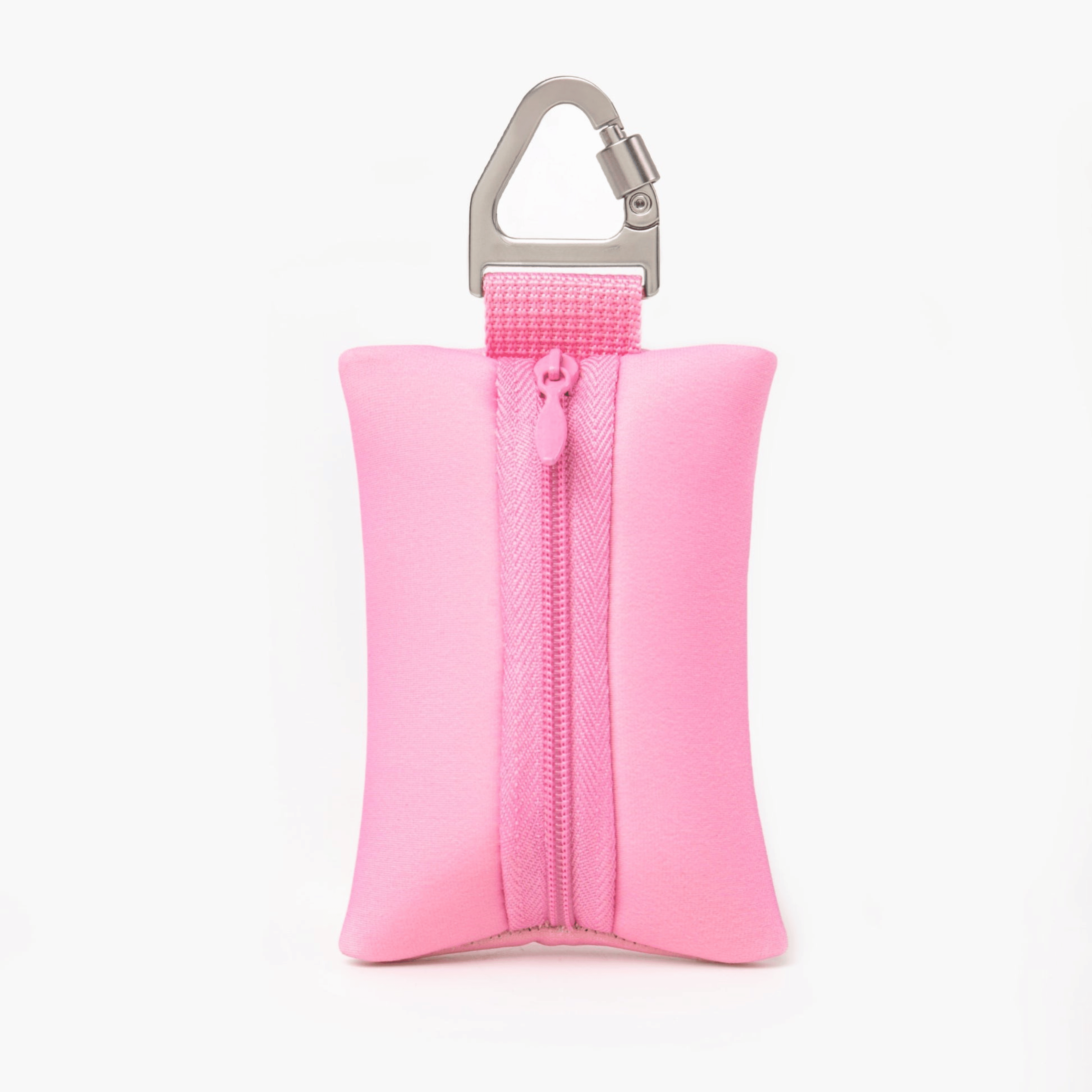 Compact Pink dog poop bag holder with carabiner, ideal for clean and stress-free walks.