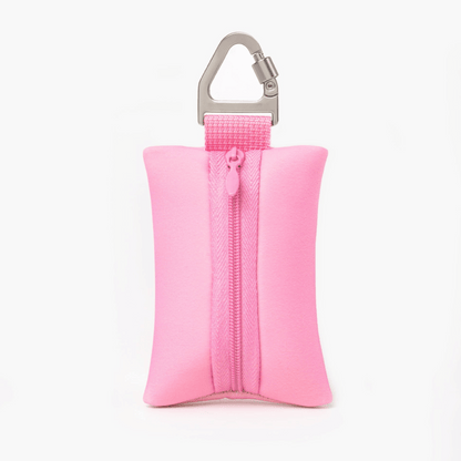 Compact Pink dog poop bag holder with carabiner, ideal for clean and stress-free walks.