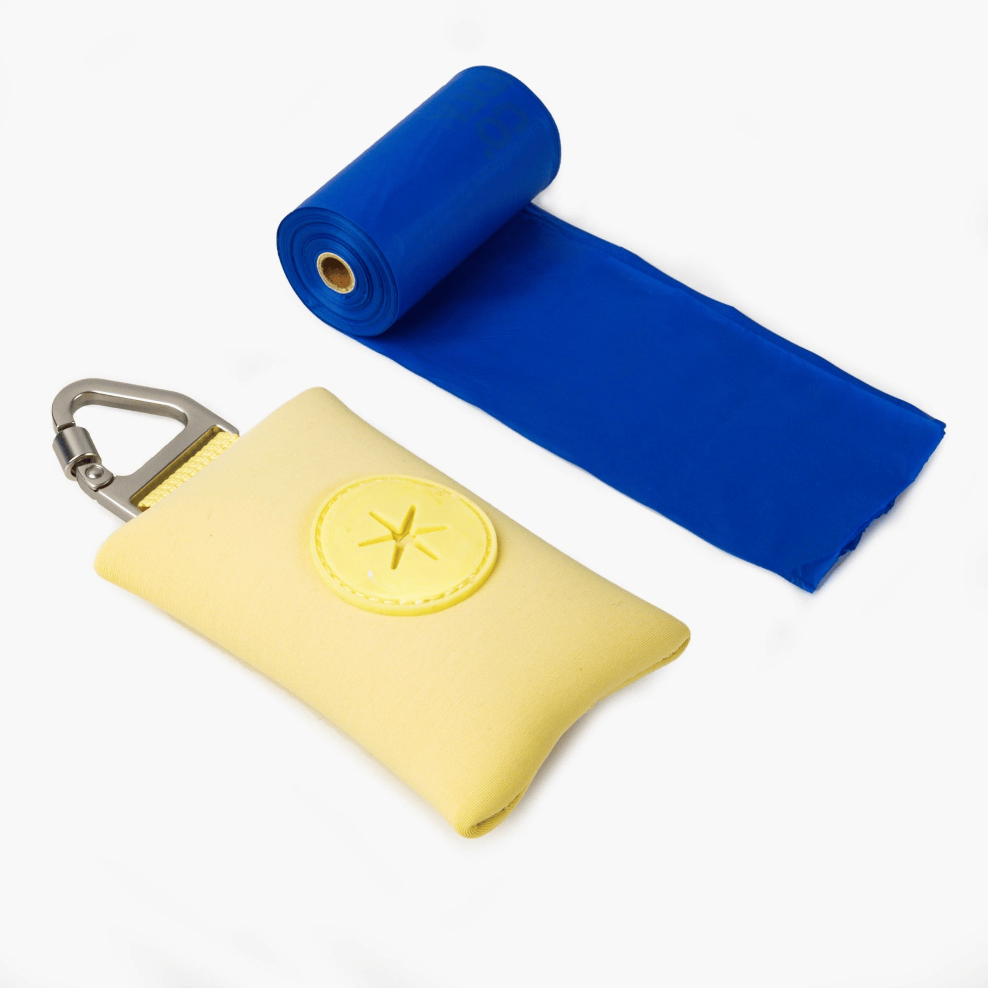 Compact Yellow dog poop bag holder with carabiner, ideal for clean and stress-free walks.
