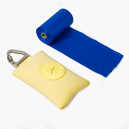 Compact Yellow dog poop bag holder with carabiner, ideal for clean and stress-free walks.
