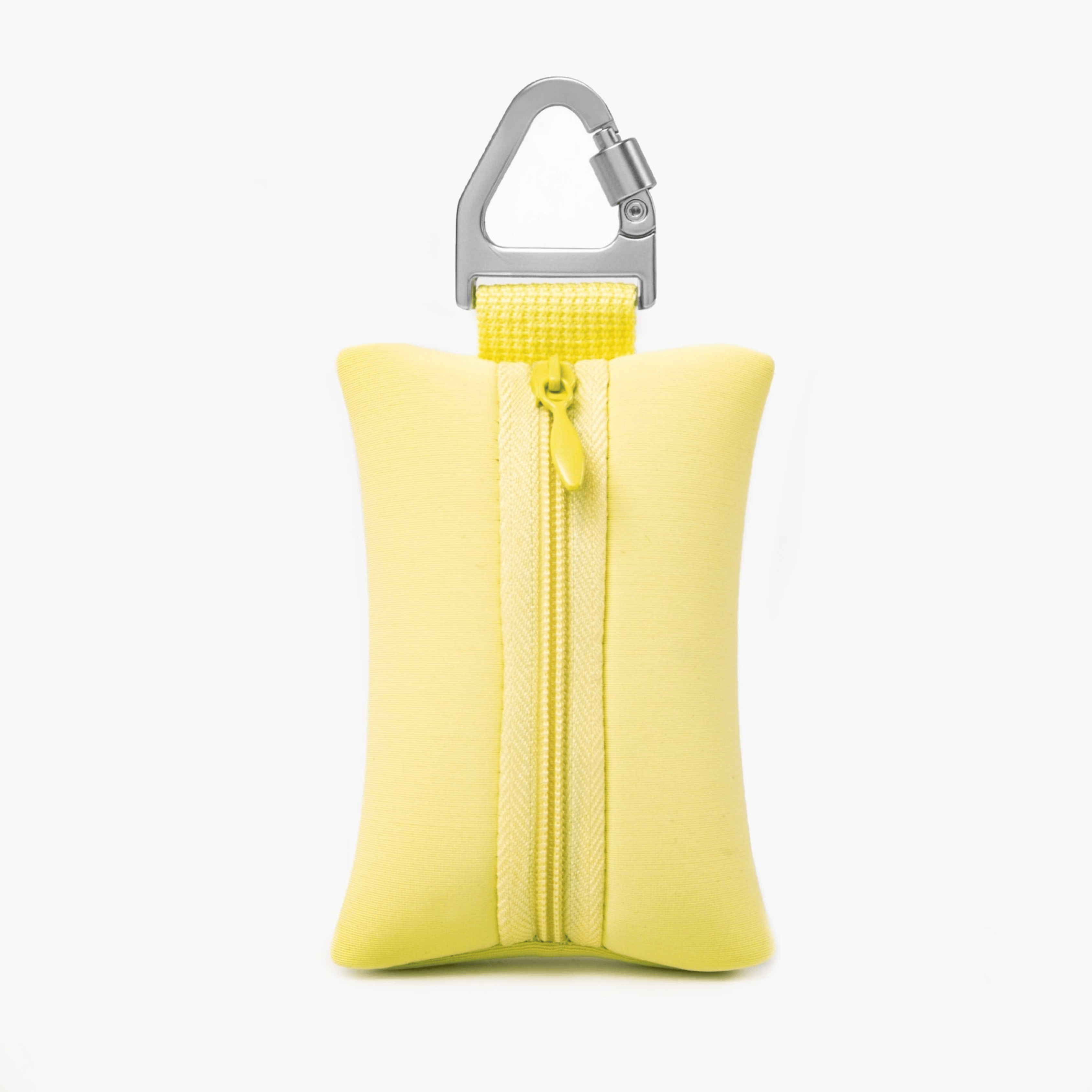 Compact Yellow dog poop bag holder with carabiner, ideal for clean and stress-free walks.
