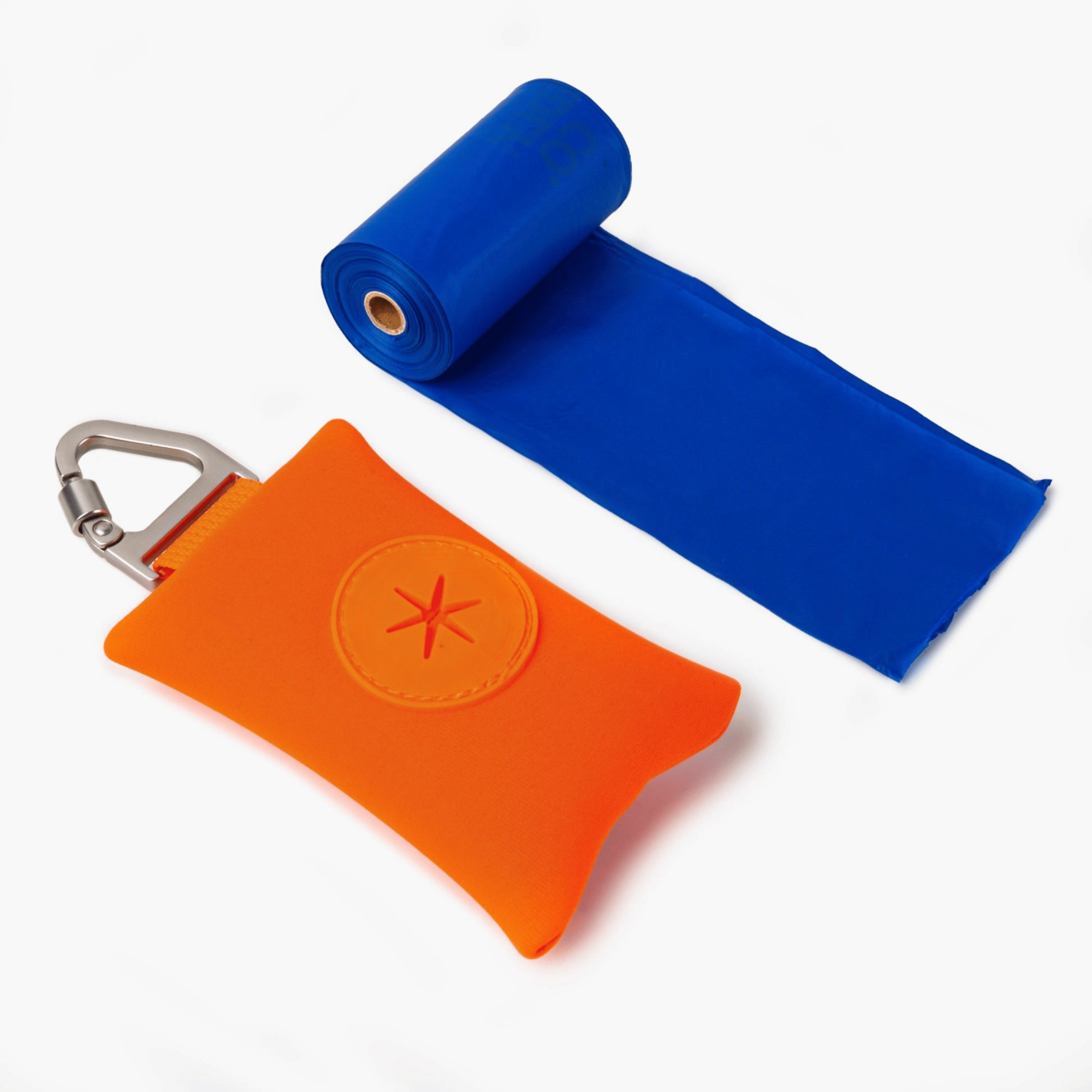 Compact orange dog poop bag holder with carabiner, ideal for clean and stress-free walks.
