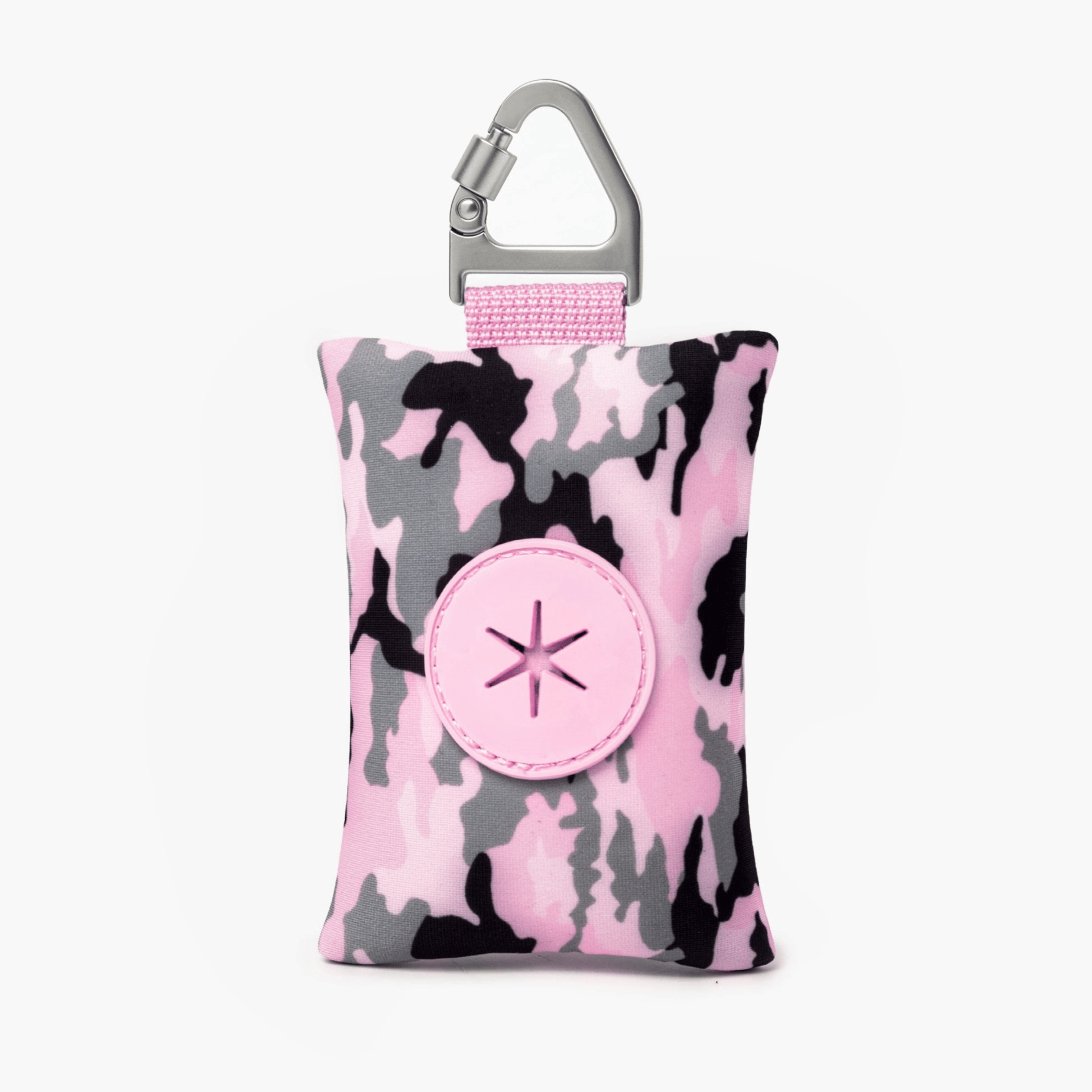 Compact Pink camouflage dog poop bag holder with carabiner, ideal for clean and stress-free walks.
