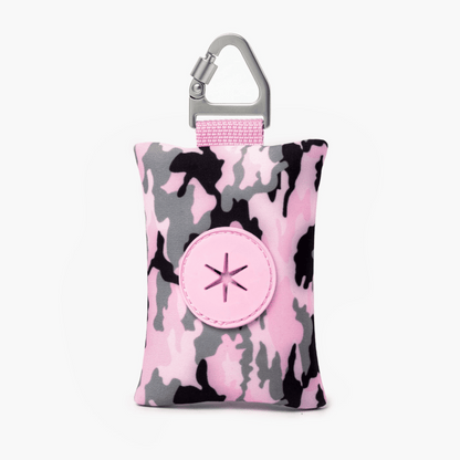 Compact Pink camouflage dog poop bag holder with carabiner, ideal for clean and stress-free walks.
