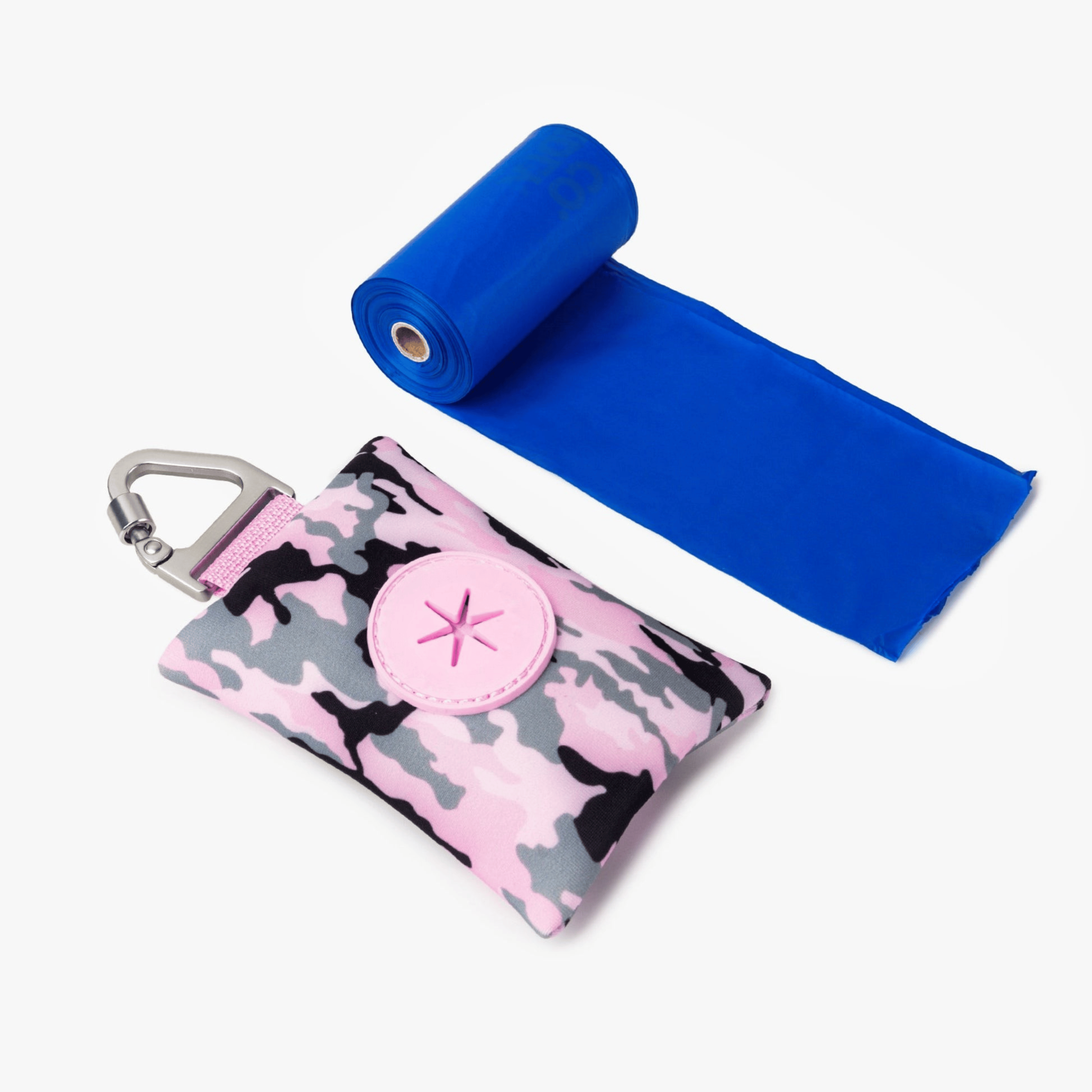 Compact Pink camouflage dog poop bag holder with carabiner, ideal for clean and stress-free walks.
