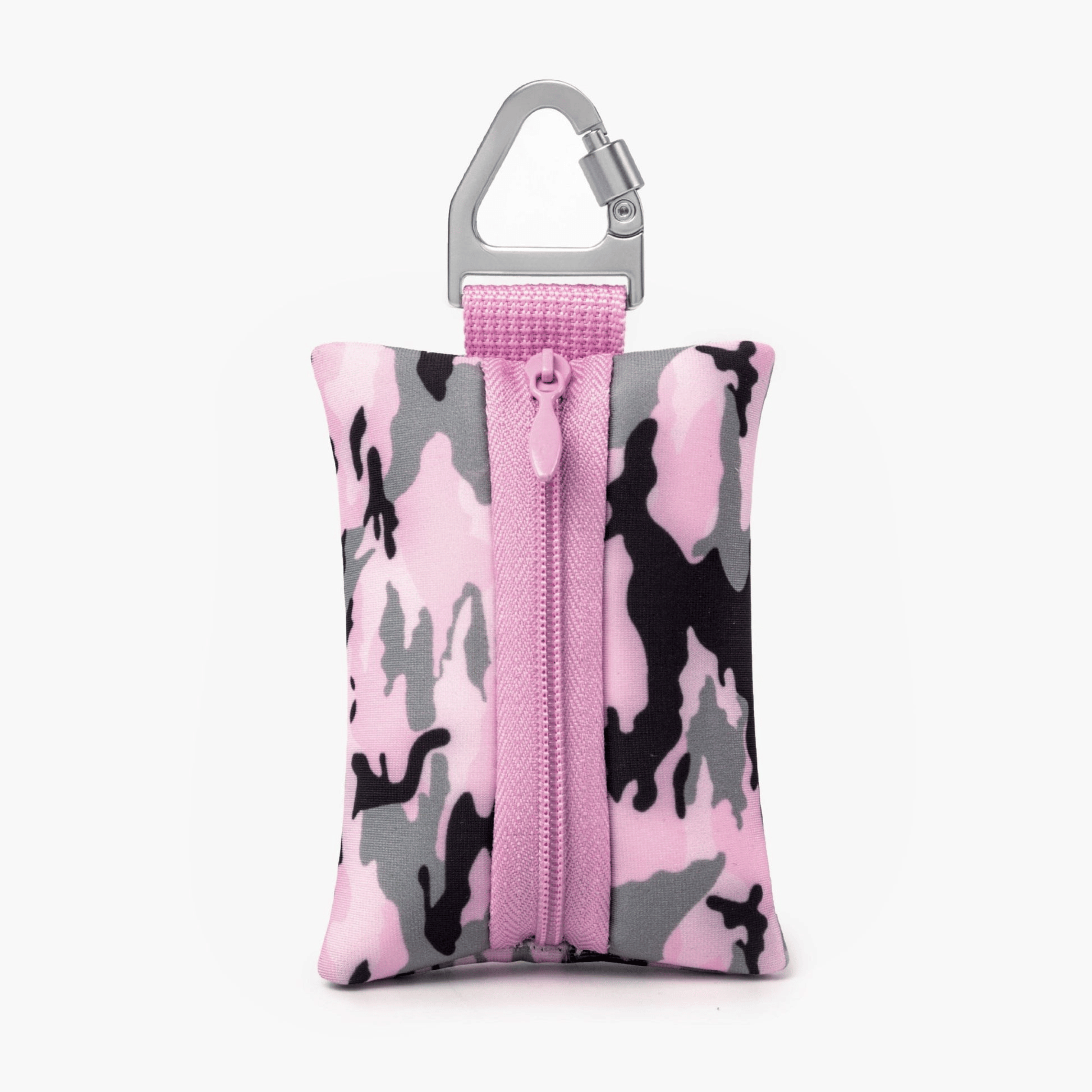 Compact Pink camouflage dog poop bag holder with carabiner, ideal for clean and stress-free walks.
