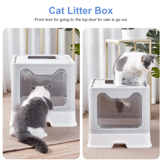 Front Entry Top Exit Cat Litter Box with Lid Foldable - Tutuky