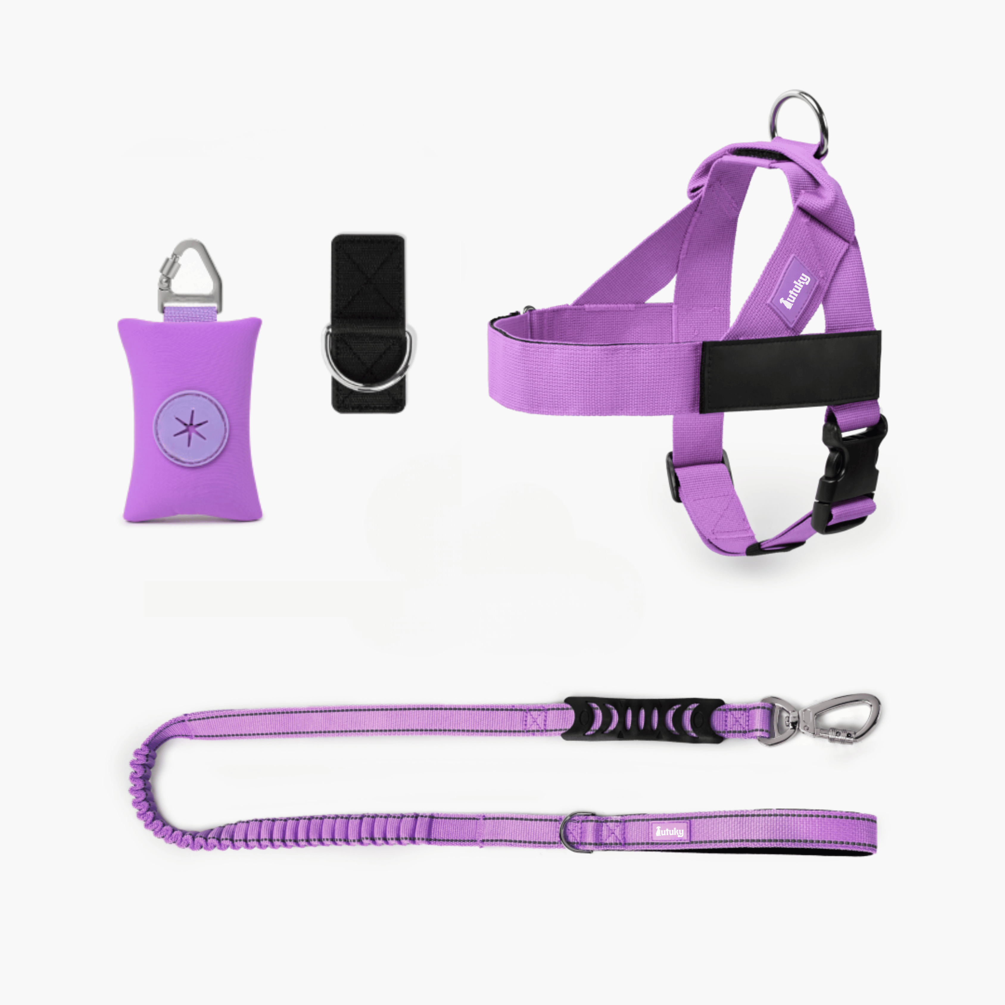 Purple dog harness, leash, and pouch set on a white background