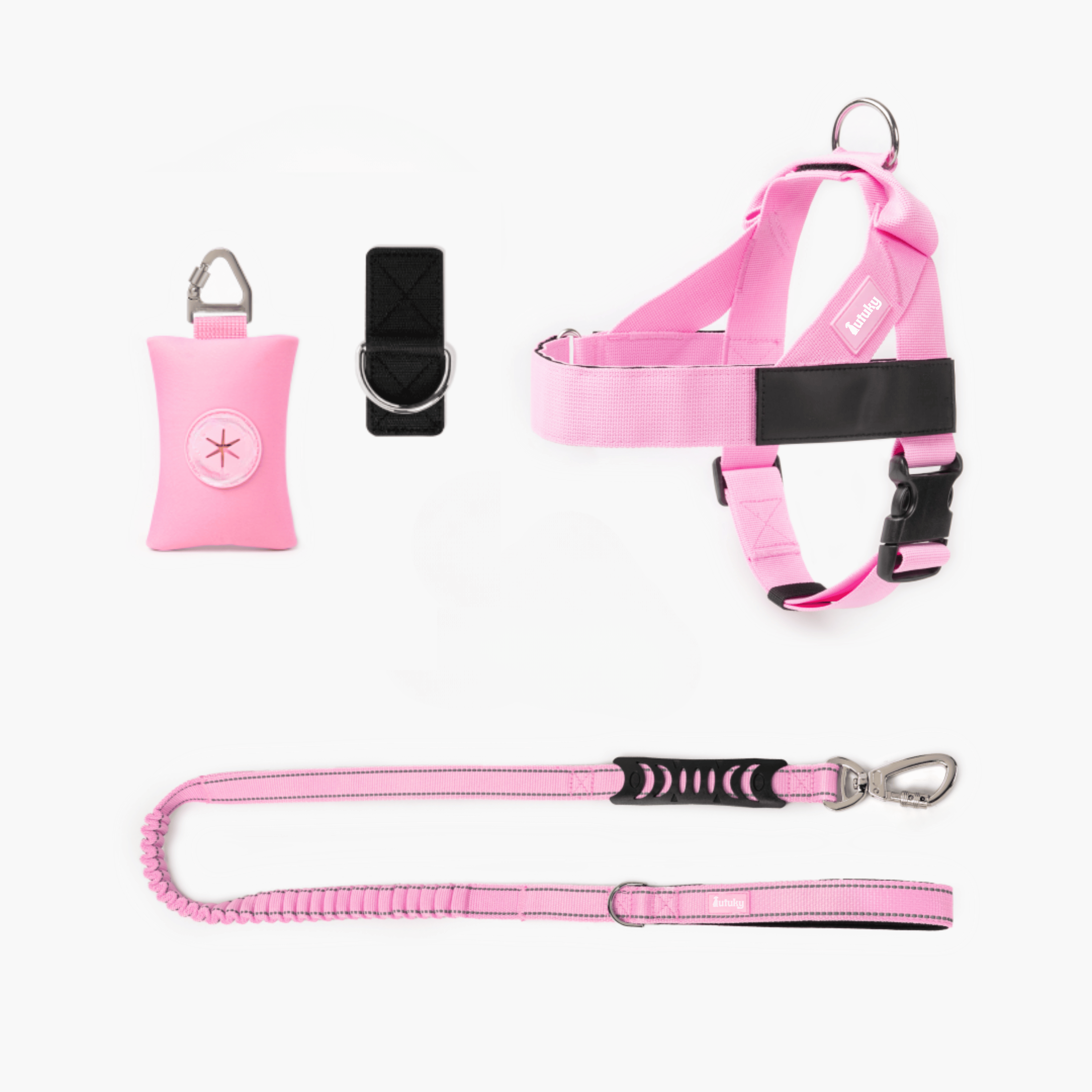 Pink dog harness, leash, a white background