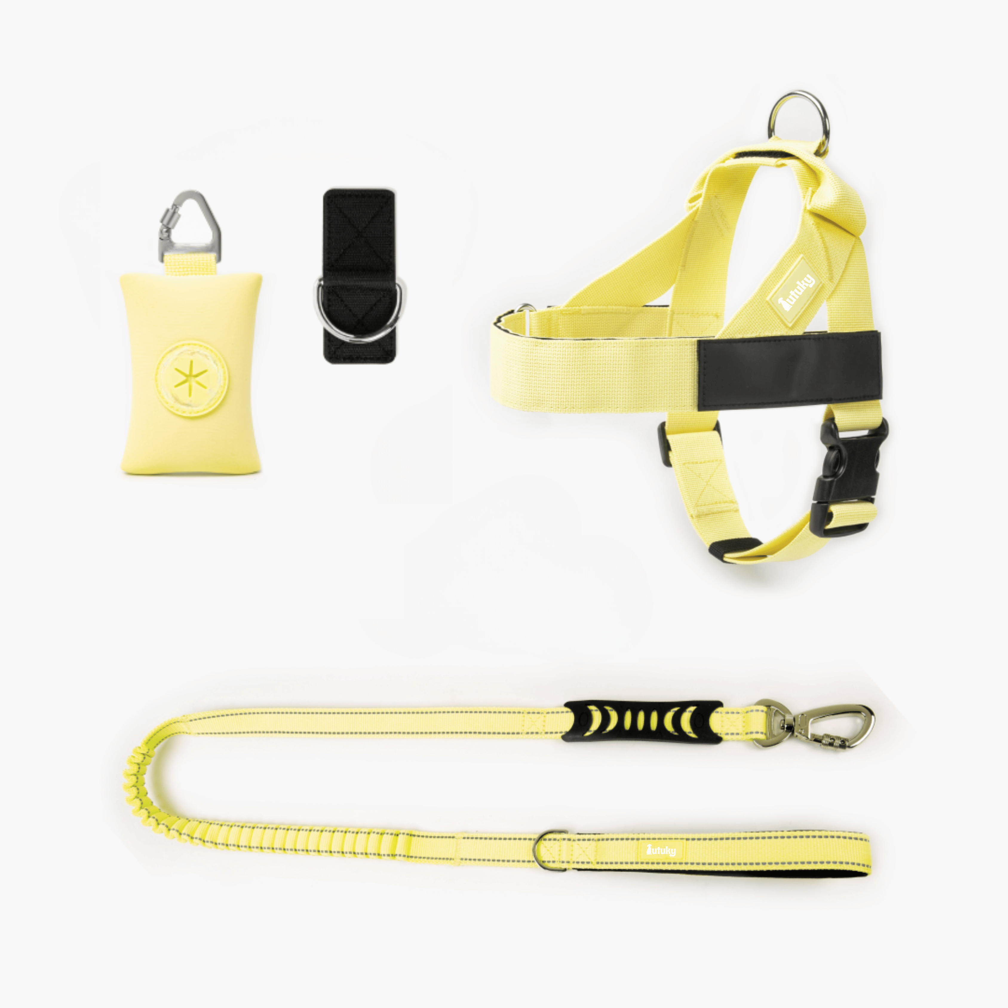 Yellow dog harness, leash, and accessories on a white background