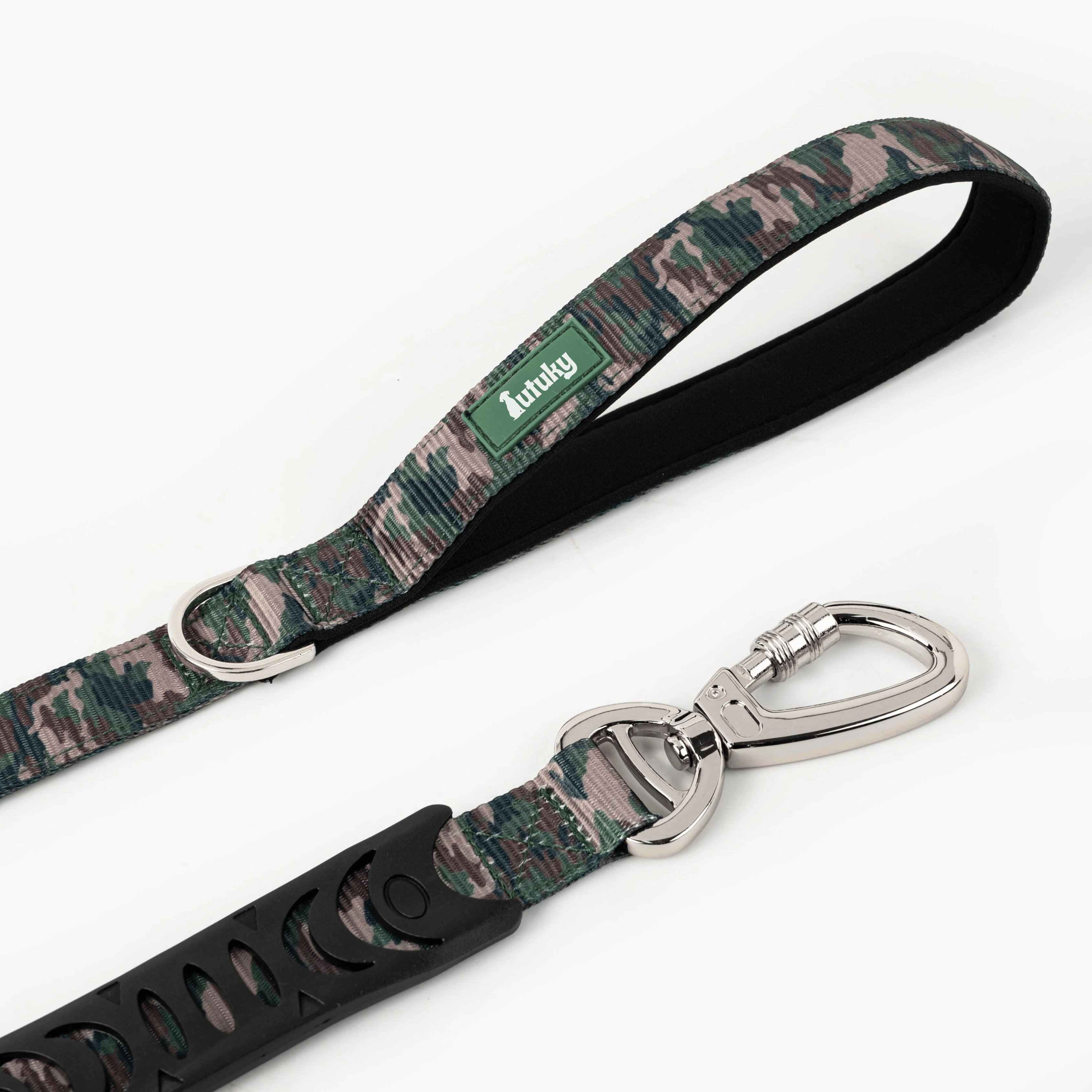 Camo-patterned dog leash with a metal clip on a white background