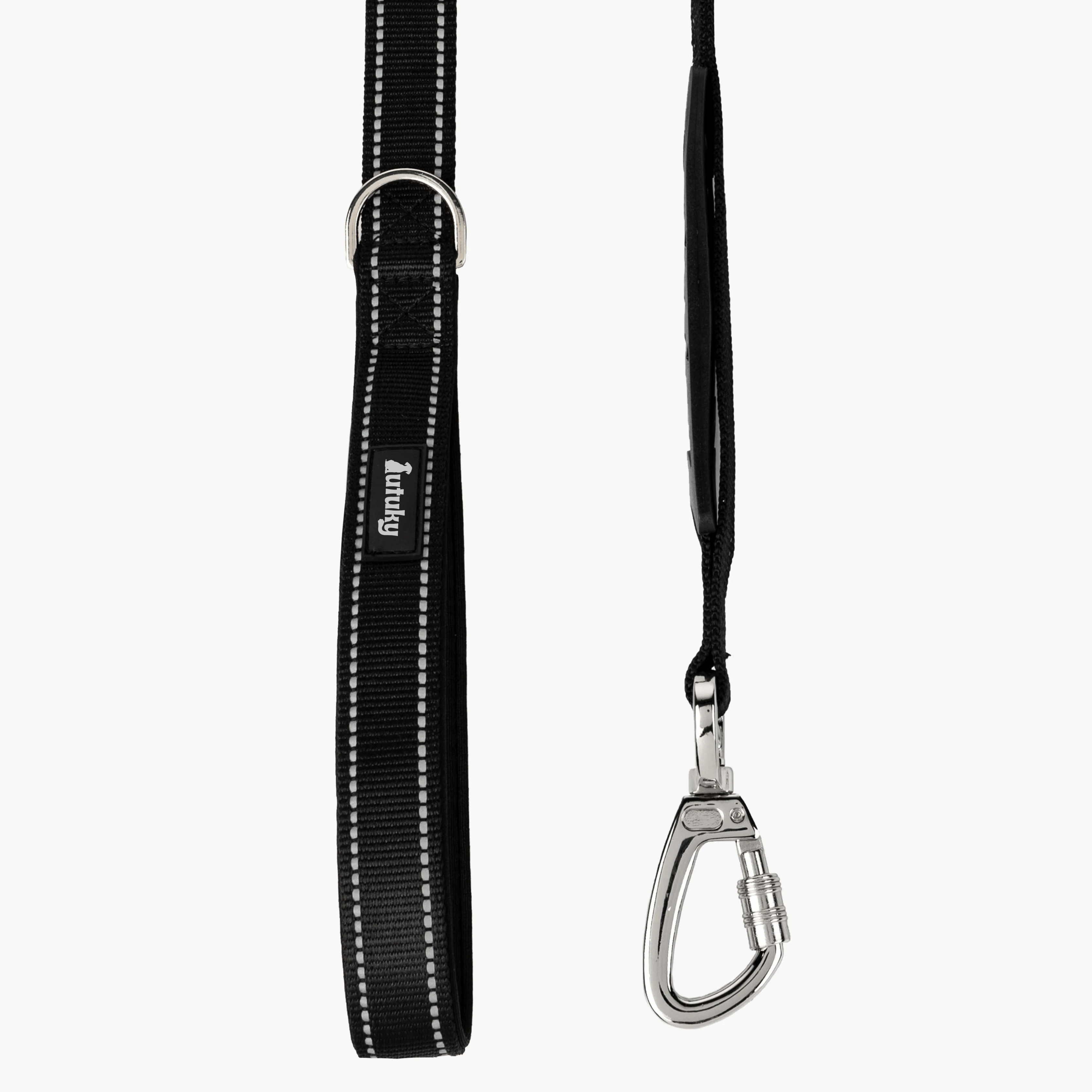 Black dog leash CalmFlow™ with metal clip on a white background