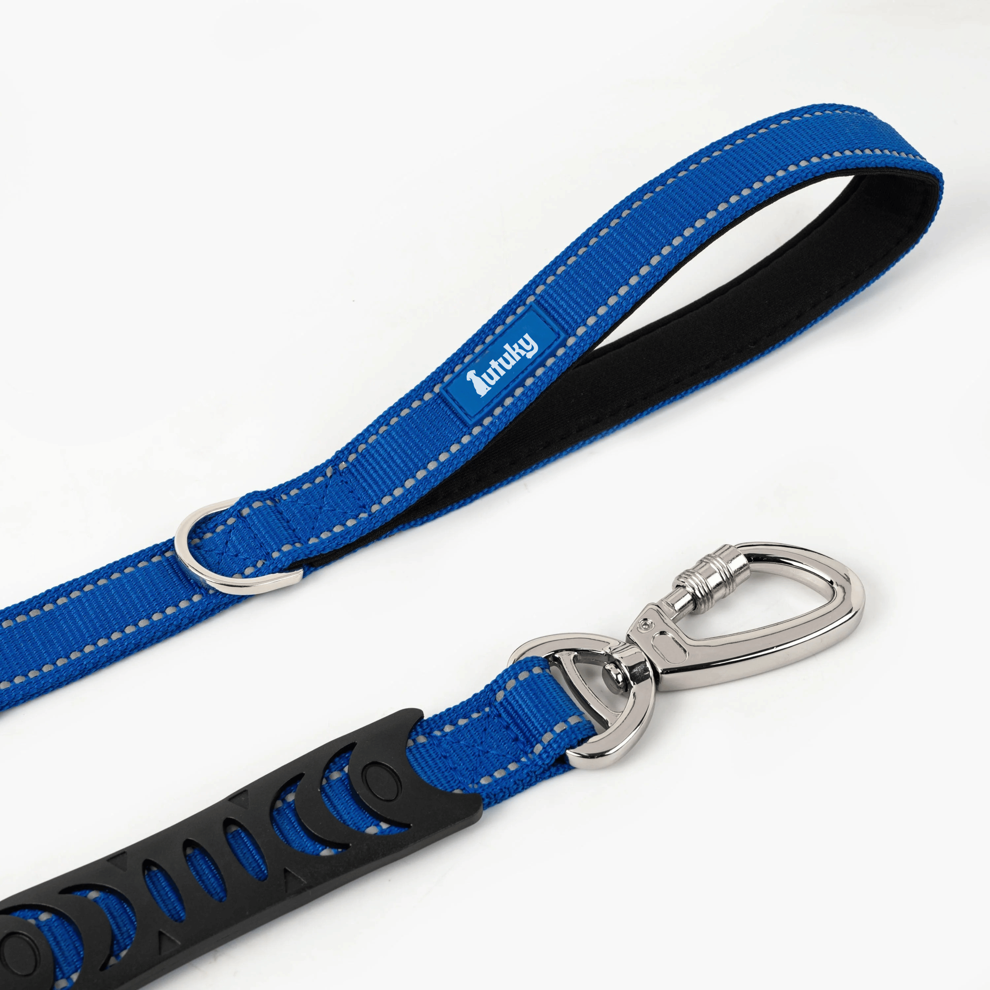 Blue dog leash with black handle and silver clip on a white background