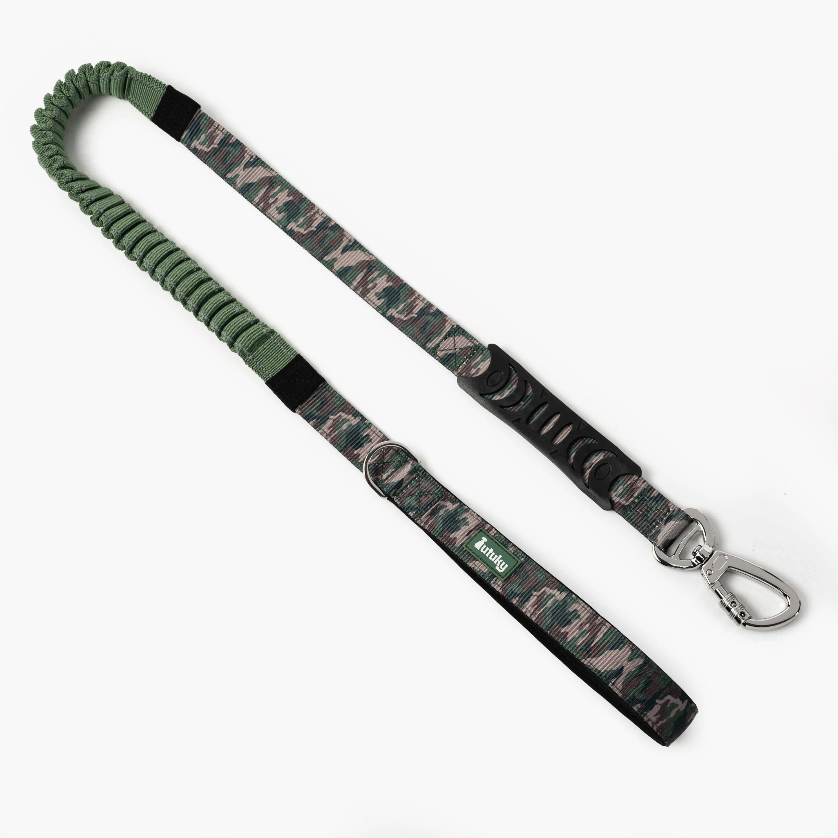 Camo-patterned dog leash with a metal clip on a white background
