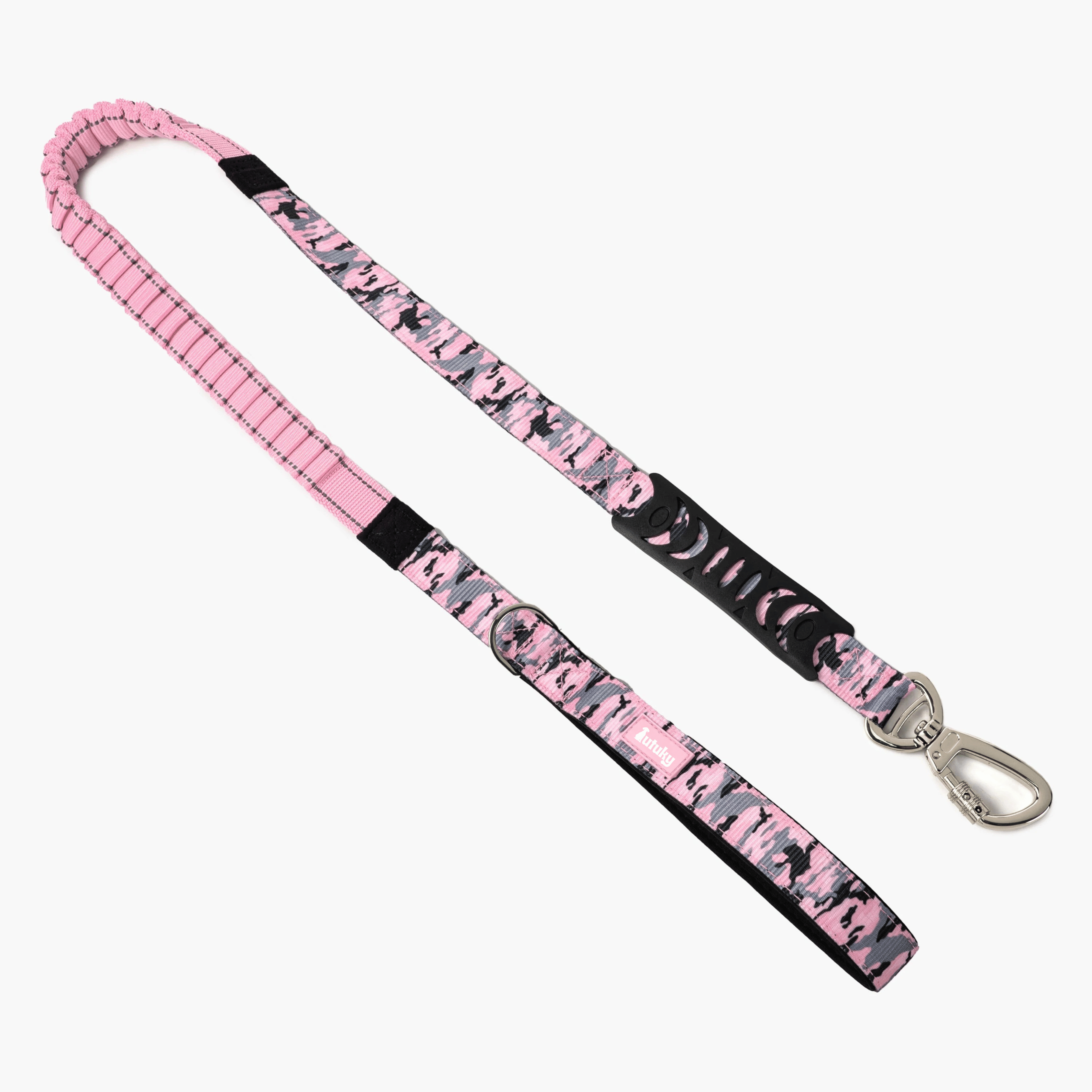 Pink and black camouflage patterned lanyard with a metal clip on a white background