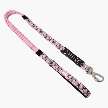 Pink and black camouflage patterned lanyard with a metal clip on a white background