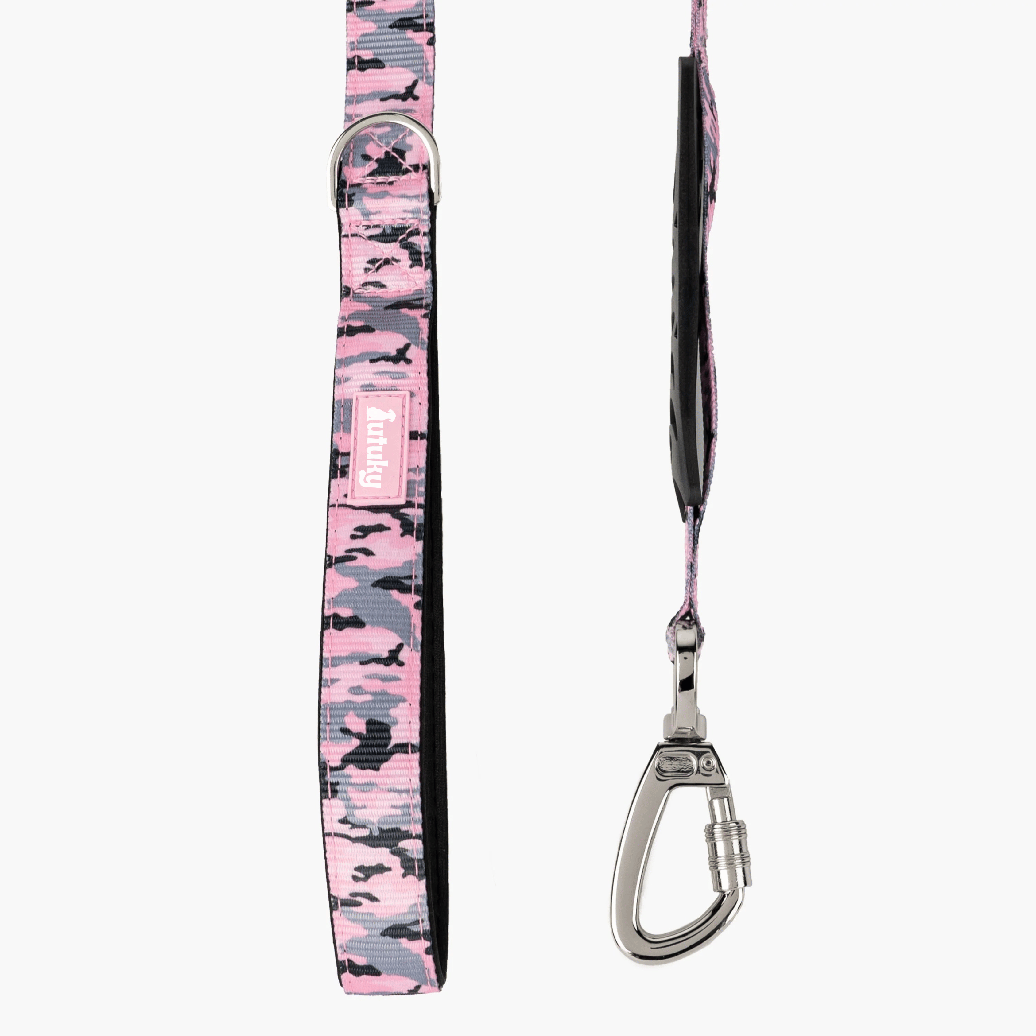 Pink camouflage dog leash with metal clip on a white background