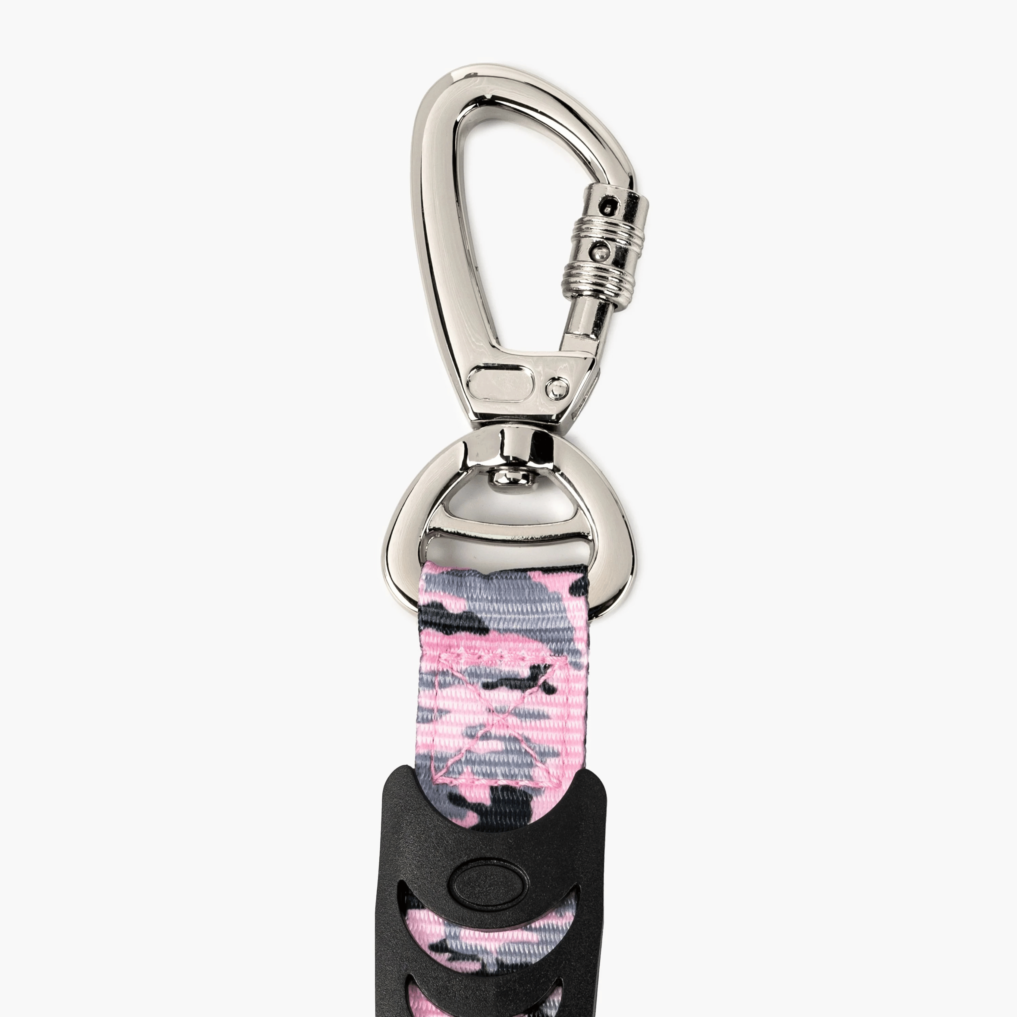 Pink and black camouflage patterned lanyard with a metal clip on a white background