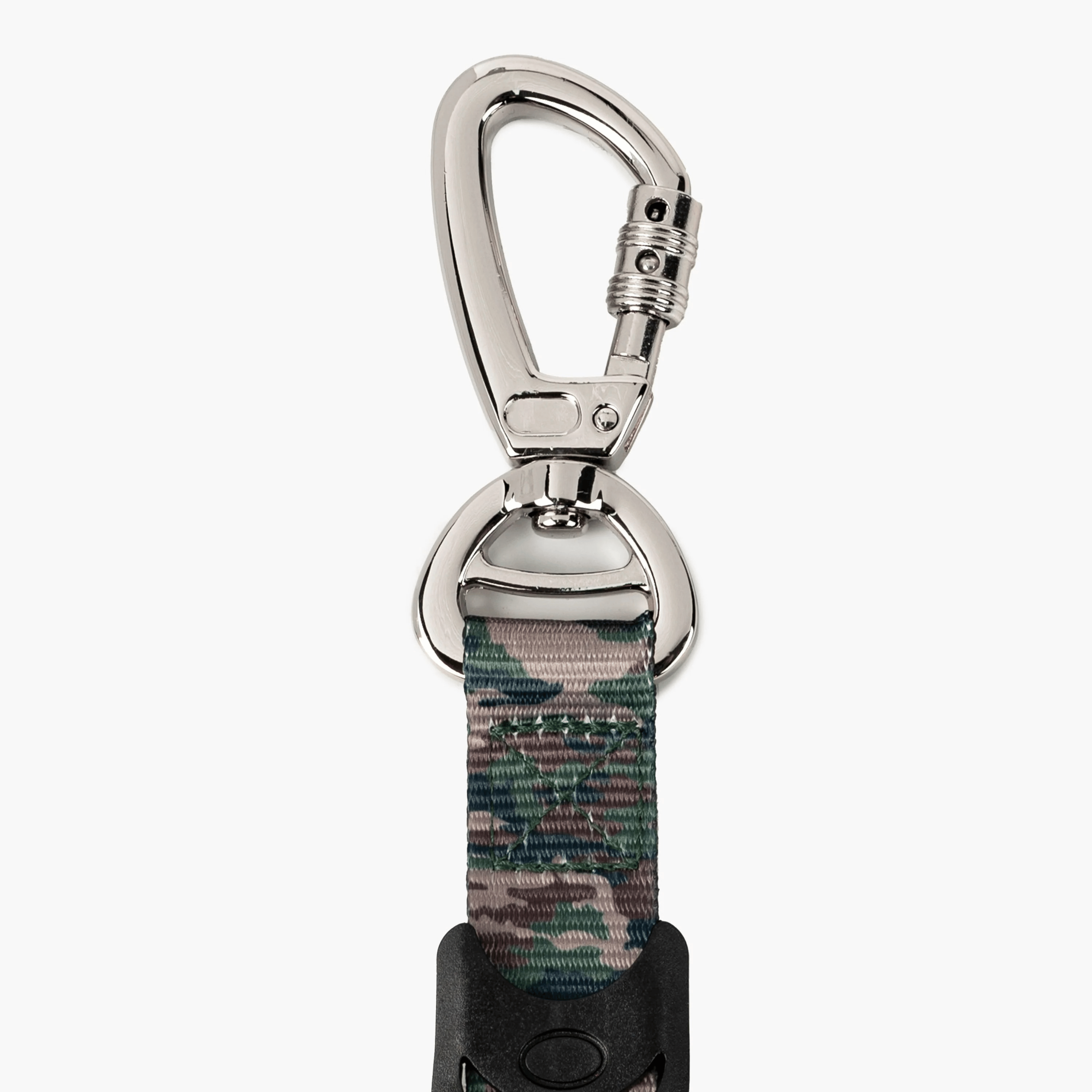 Camo-patterned dog leash with a metal clip on a white background