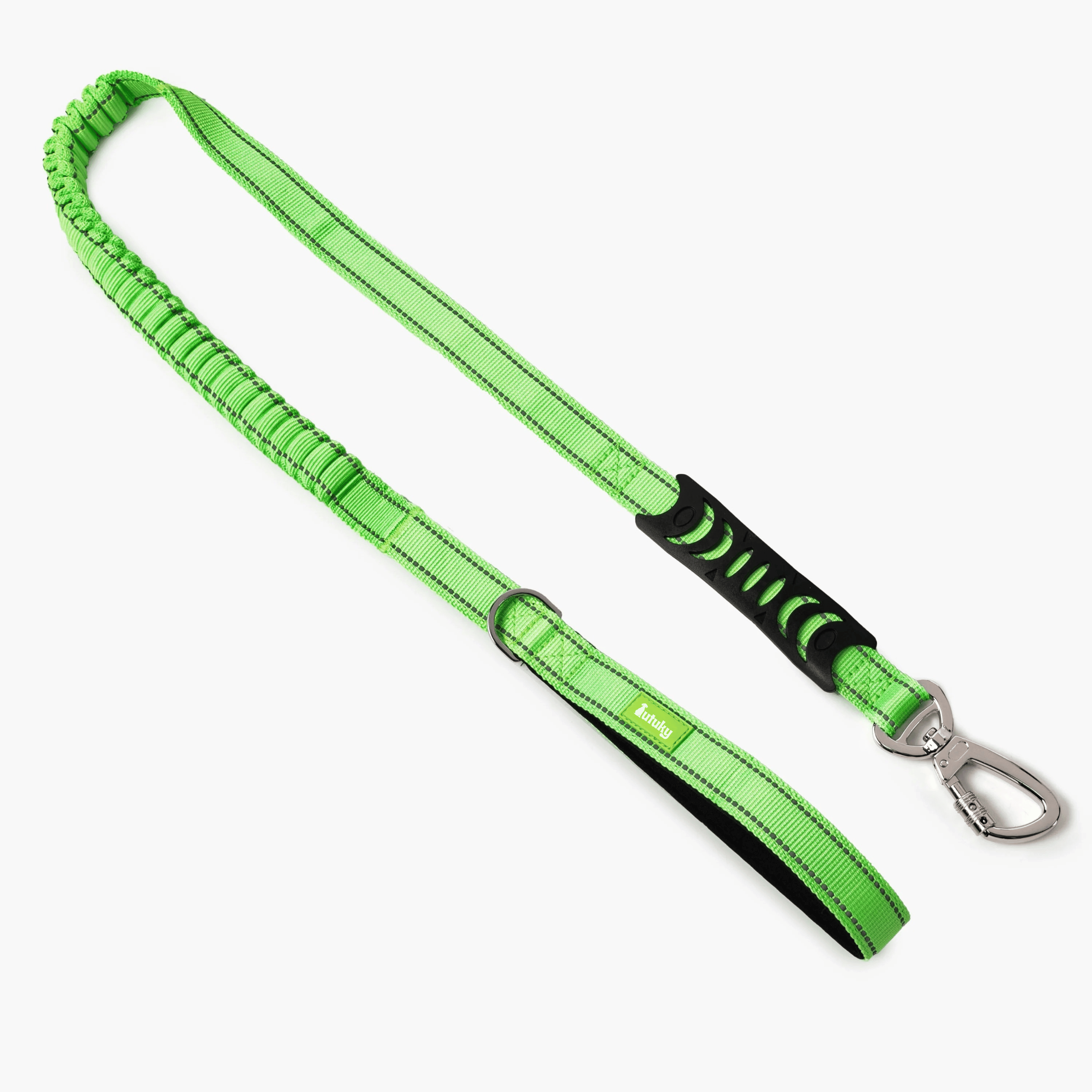 Green dog leash with black handle on a white background