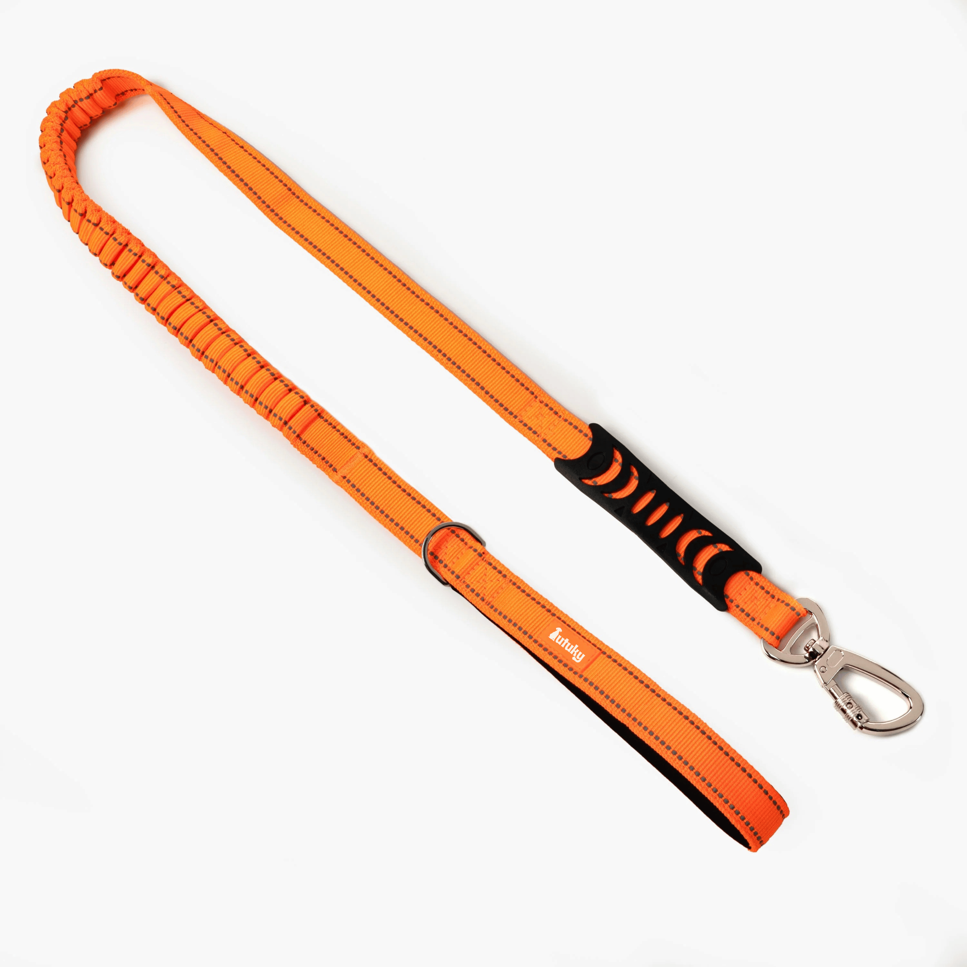 Orange dog leash with a black and orange handle on a white background