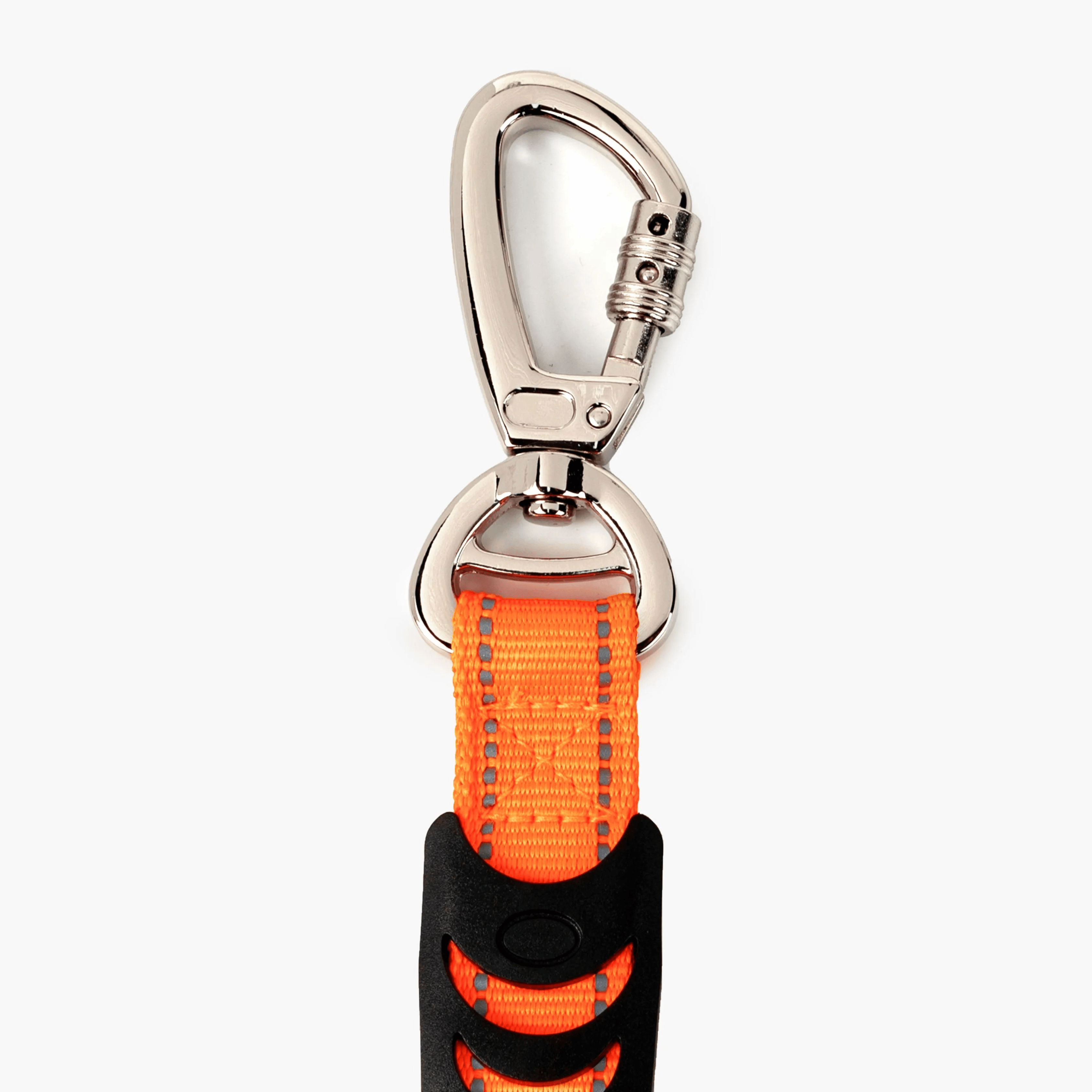 Orange dog leash with a black and orange handle on a white background